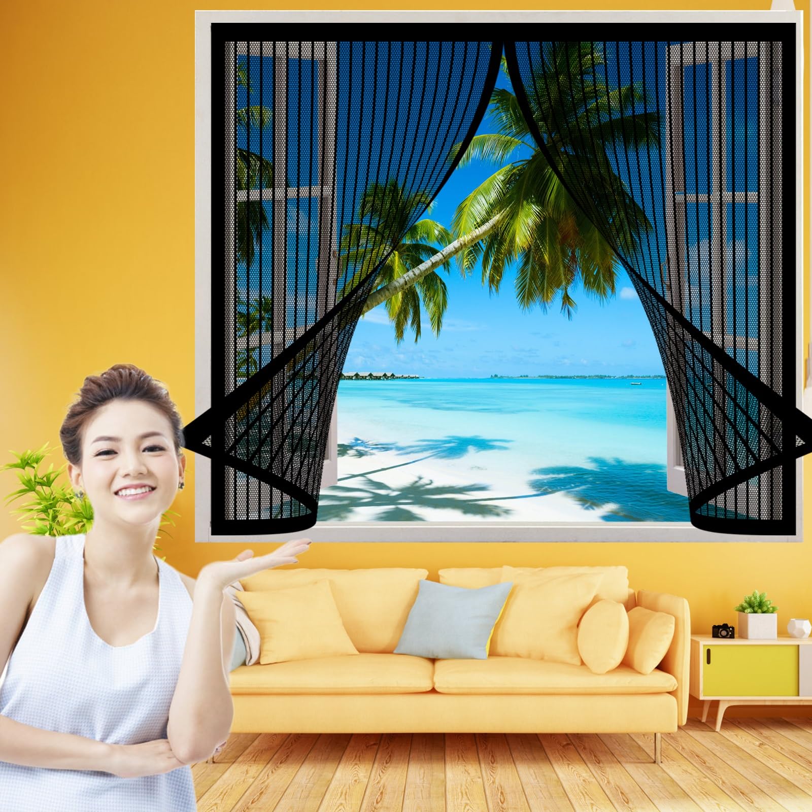 Amzero Black Magnetic Window Screen 65 X 104 Cm(26 X 41Inch), Window Fly Screen Net With Self-Adhesive Tape Easy To Install For Kitchen/Bedroom/Room Window,
