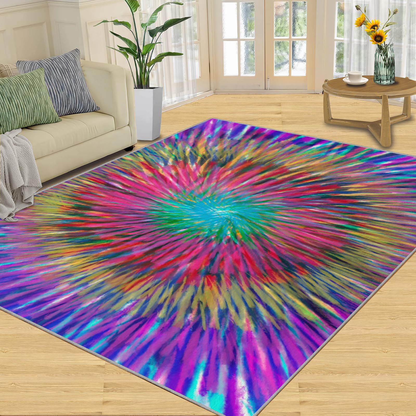 QDJKBL Retro Art Tie Dye, Washable Rug 150 X 200 Cm Gradient Color Rainbow Oil Painting Graffiti Lounge Rug, Non-Slip Mat Wear-Resistant and Non-Slip for Home Decor