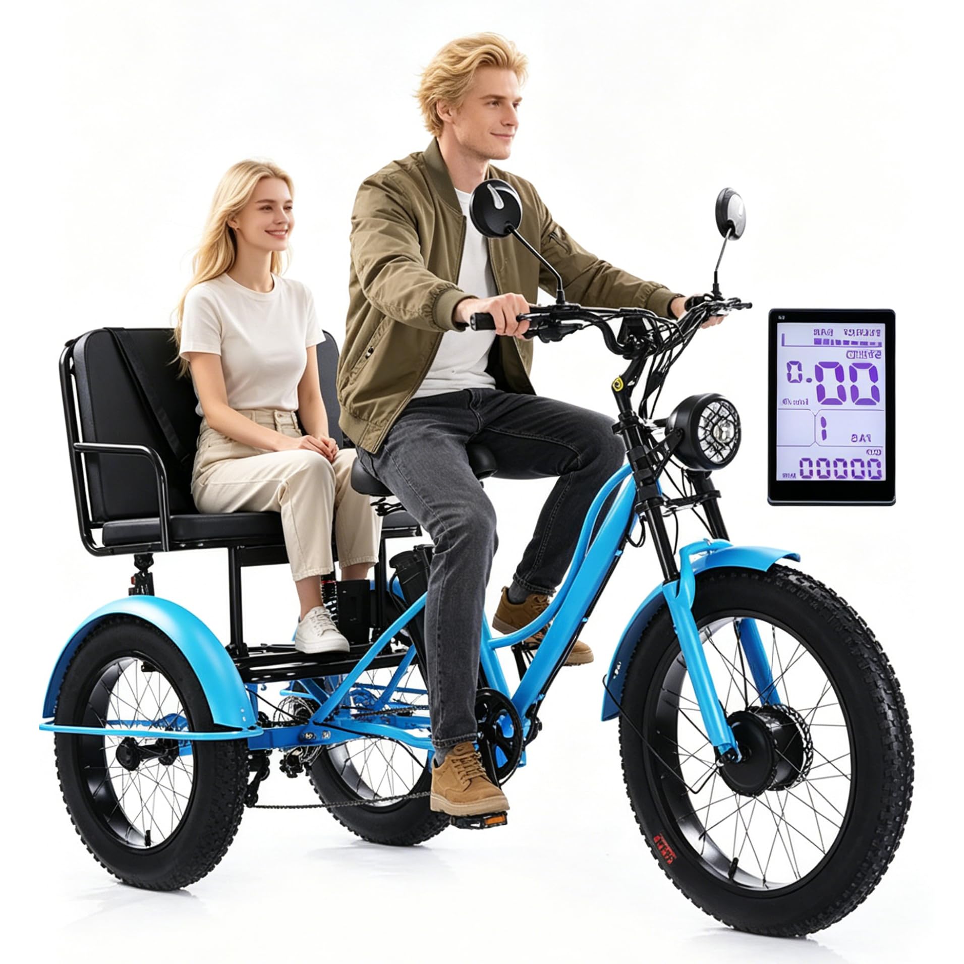 WhFKLca Fat Tyre Tricycle for Adults with Basket, 24'' Electric Tricycle with Carbon Steel Frame, Lcd-Display, Safety Horn, Led Headlight, Electric Cargo Trike for Senior, 65km Range Blue2