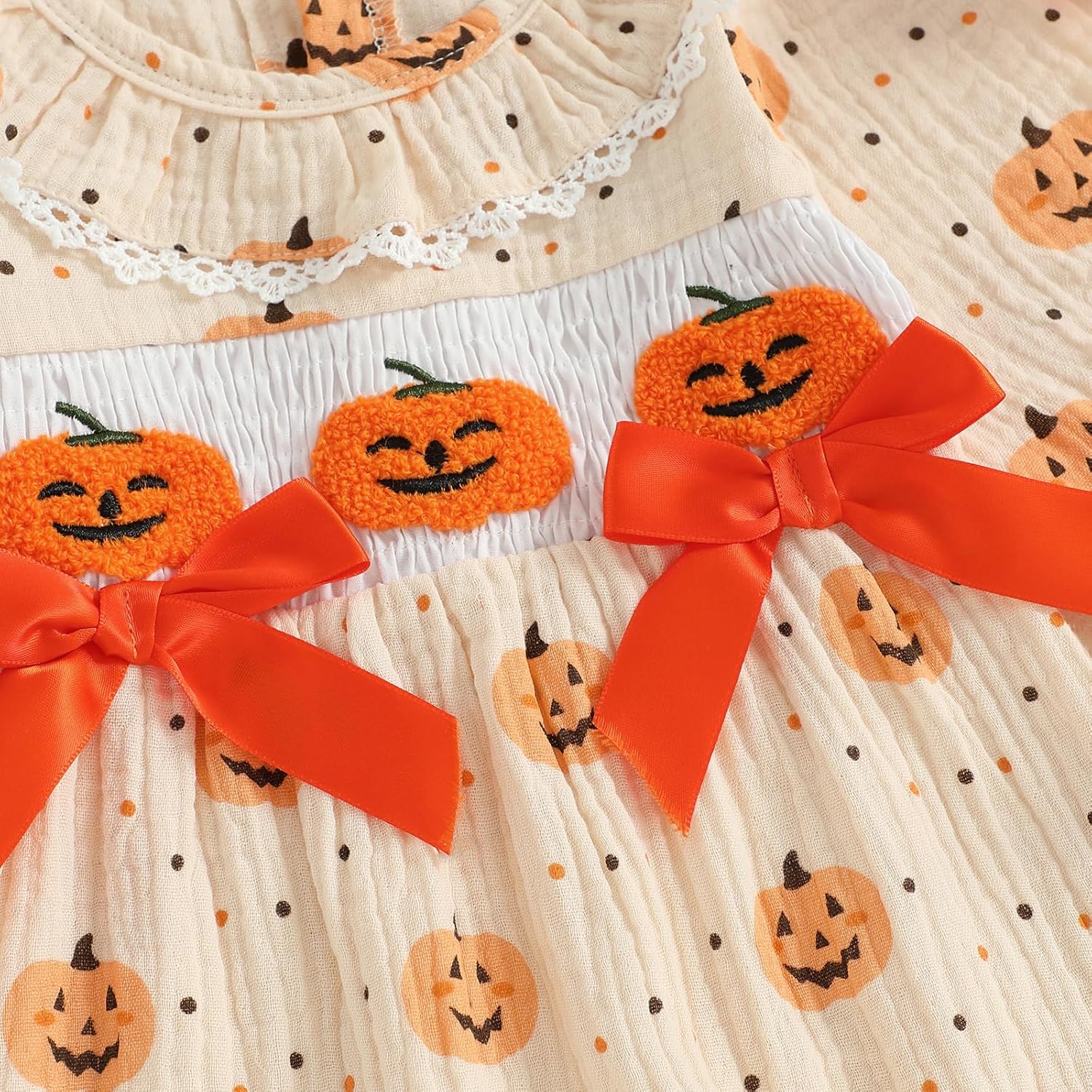 Baby Girl Halloween Outfit Pumpkin Embroidery Lace Ruffle Collar Long Sleeve Muslin Smocked Jumpsuit Fall Clothes - Image 5