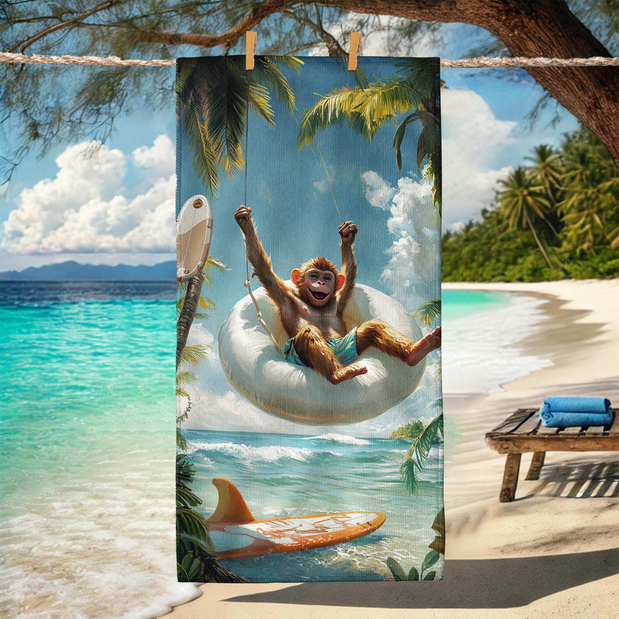 Tropical Monkey Microfiber Beach Towel Large Vibrant Jungle Design Quick Dry Absorbent Soft Sand Free Lightweight Essentials for Outdoor Travel Picnic Pool Gym 70x35 Inch
