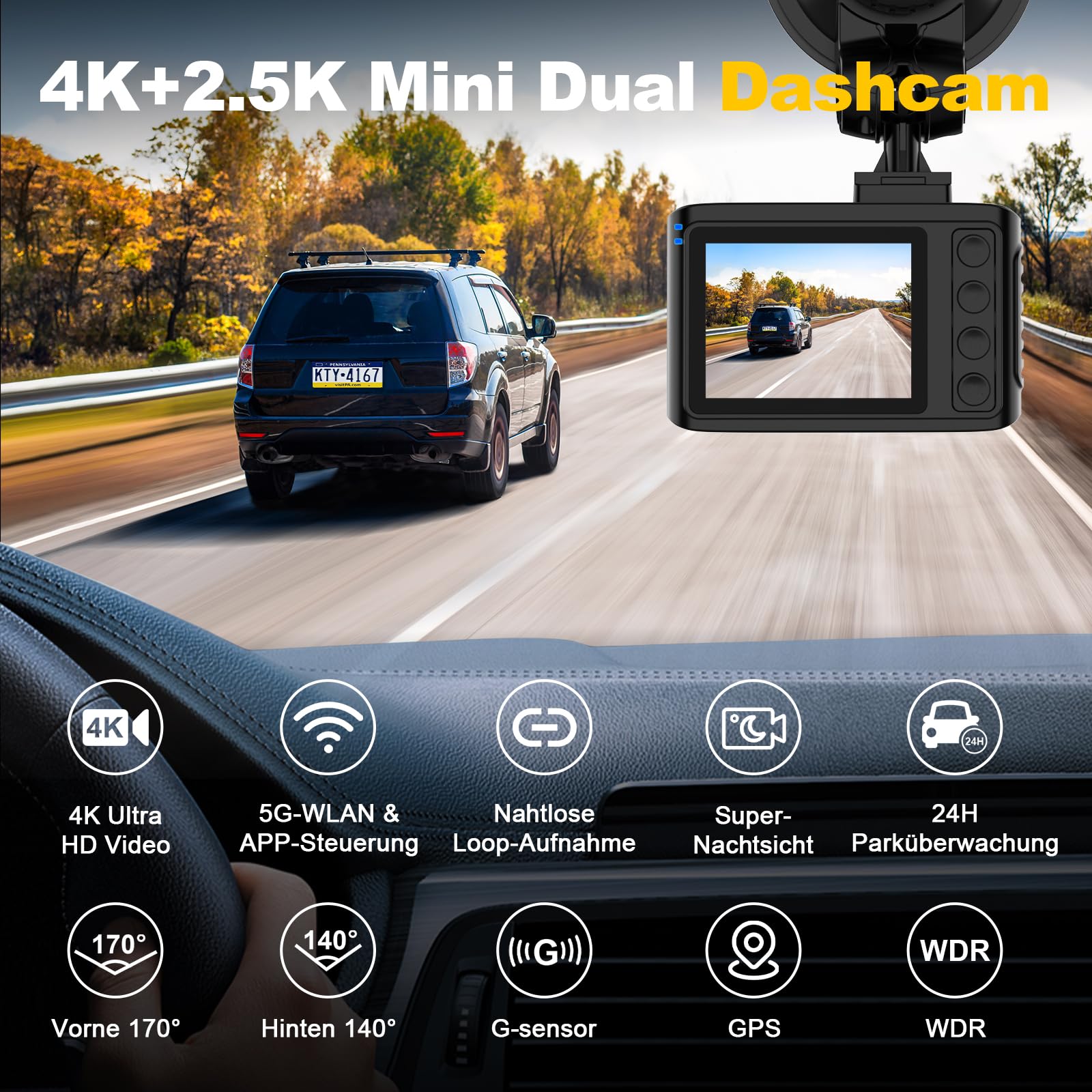 Dashcam 4K 5GHz WiFi GPS 2.0" IPS 170° Weitwinkel Dual Auto Kamera 24Std Parküberwachung Super Nachtsicht WDR G-Sensor Loop-Aufnahme 64GB SD Karte