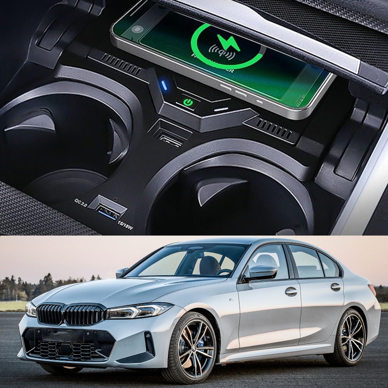 Cargador De Coche Inalámbrico para BMW Serie 3 G20 2020-2023/Serie 4 G22 2021-2023/Serie 2 2022-2023,Cargador De Teléfono Qi De 15 W,para Cualquier Teléfono Compatible con Qi