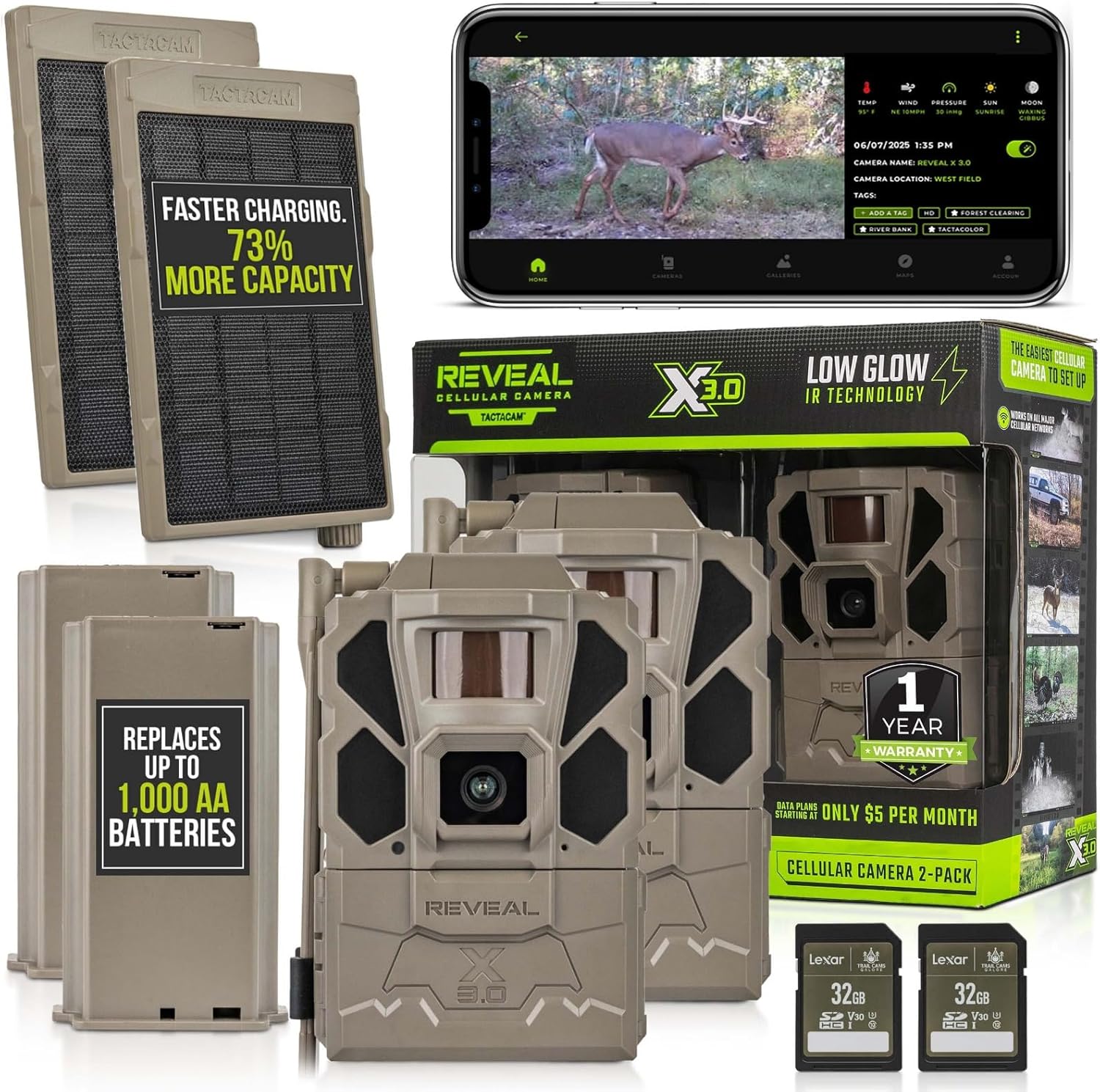 TACTACAM Reveal X Gen 3.0 Cellular Trail Camera - Multi Carrier, HD Photo & Videos, Pre-Installed Antenna, Built-in GPS, Low-Glow IR Flash + Solar Panel, Lipo Lithium Battery, & 32GB SD Card (2PK)