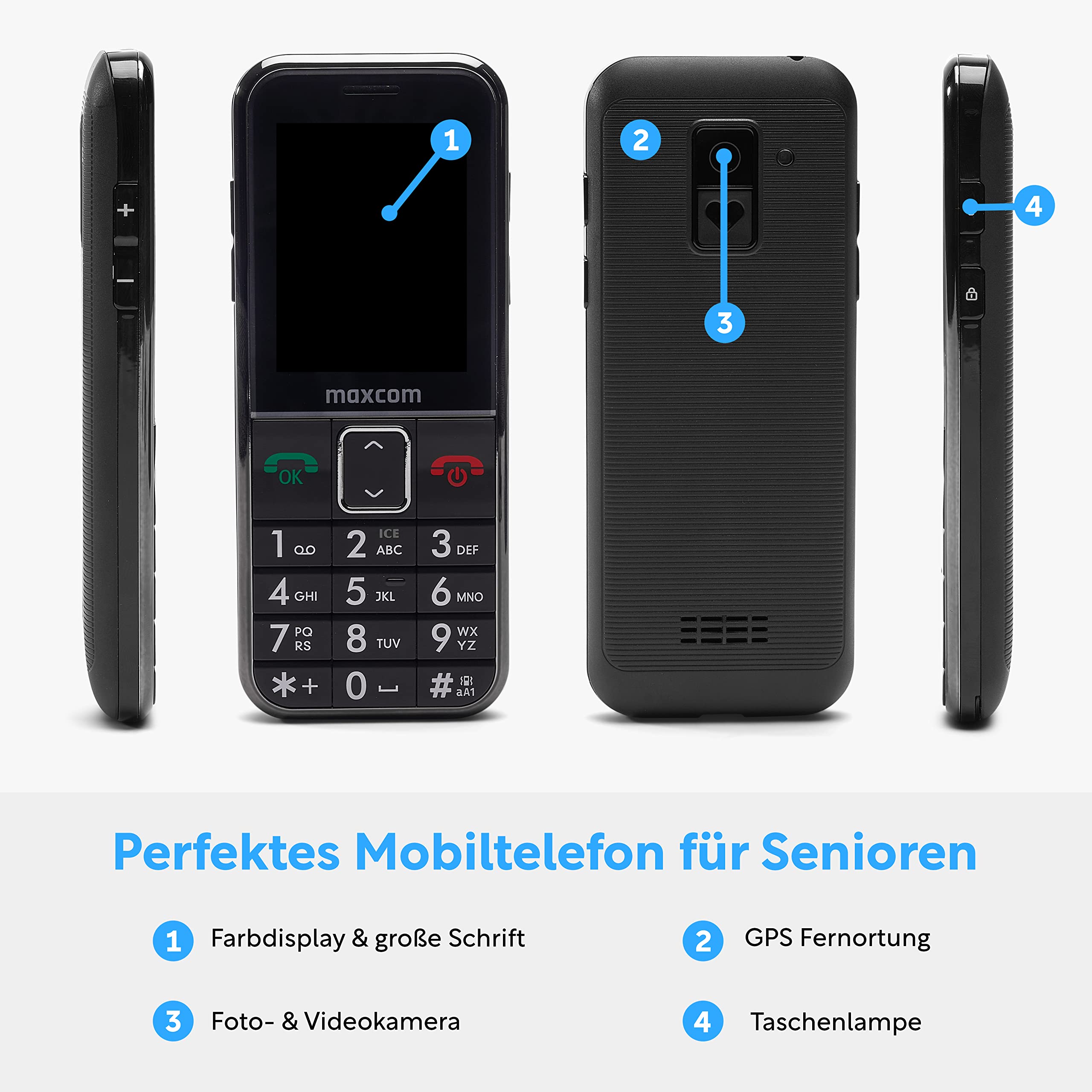 MaxCom MM735BB: Seniorenhandy mit wasserdichtem Notrufarmband und GPS Ortung ohne Vertrag, Hausnotruf Handy für Senioren, Helpline Firmware