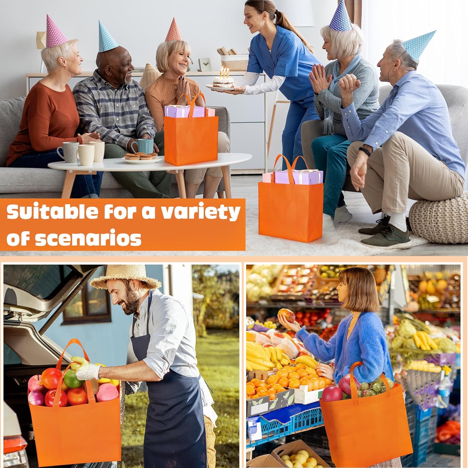 Windyun Reusable Grocery Bags Large Non Woven Shopping Bags with Handles Foldable Portable Tote Bulk, 12.6 x 11.8 x 6.3 Inch