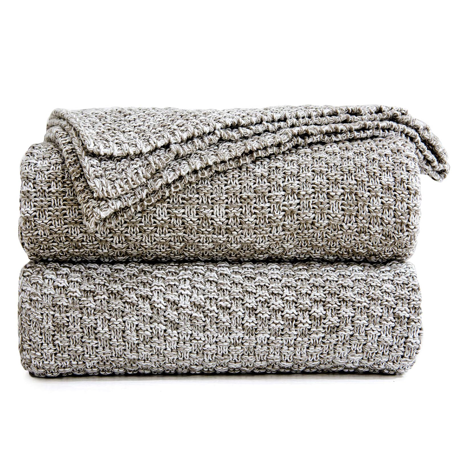 Longhui bedding Knitted Throw Blanket for Couch, Soft, Cozy Machine Washable 100% Cotton Sofa Blanket, Heavy 2.5lb Weight, Laundry Bag Included, Grey and WhiteOEKO-TEX STANDARD 100