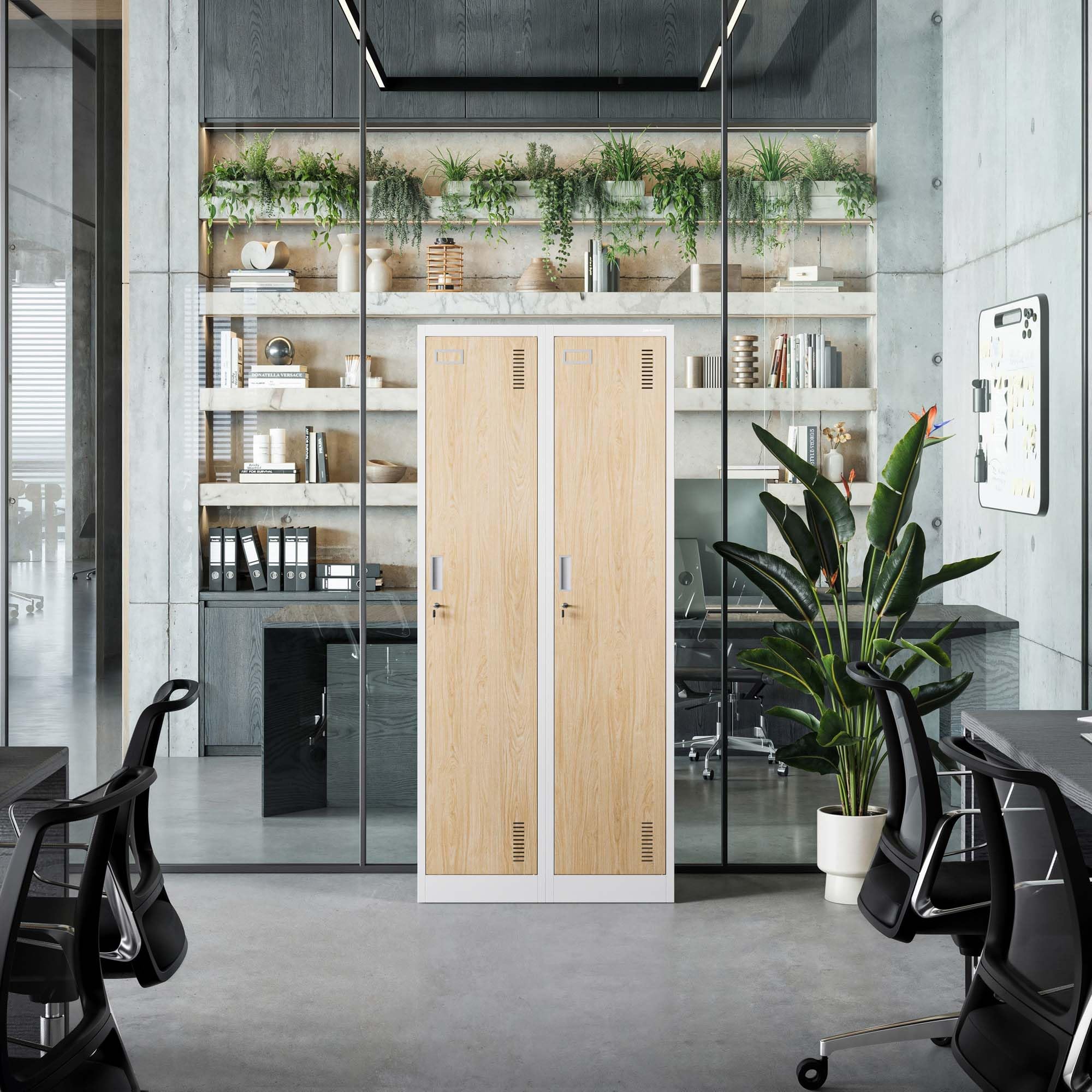 Taquilla Doble Armario Vestuario 2B1A Metalico Puertas con bisagras Ranuras de ventilación Pintura en Polvo Pared divisoria 180 cm x 80 cm x 50 cm (Aspecto de madera blanca)