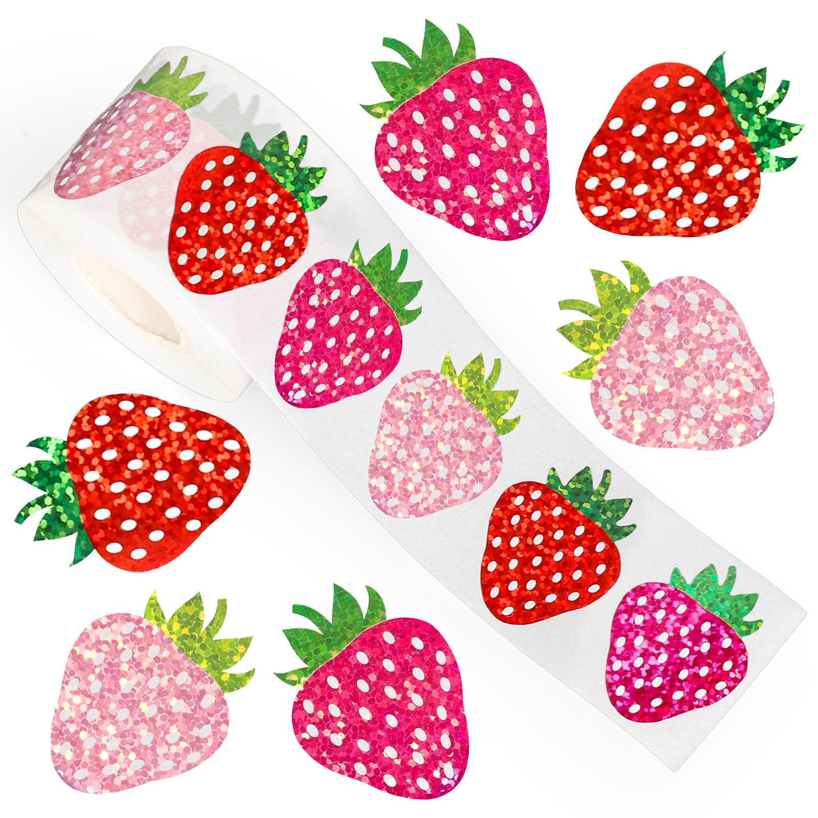 Whaline Strawberry Stickers Roll Laser Pink Red Berry Fruit Seal Stickers 3 Colors Waterproof Self-Adhesive Decals for Envelope Scrapbook Decor Birthday Party Supplies, 500 Pcs