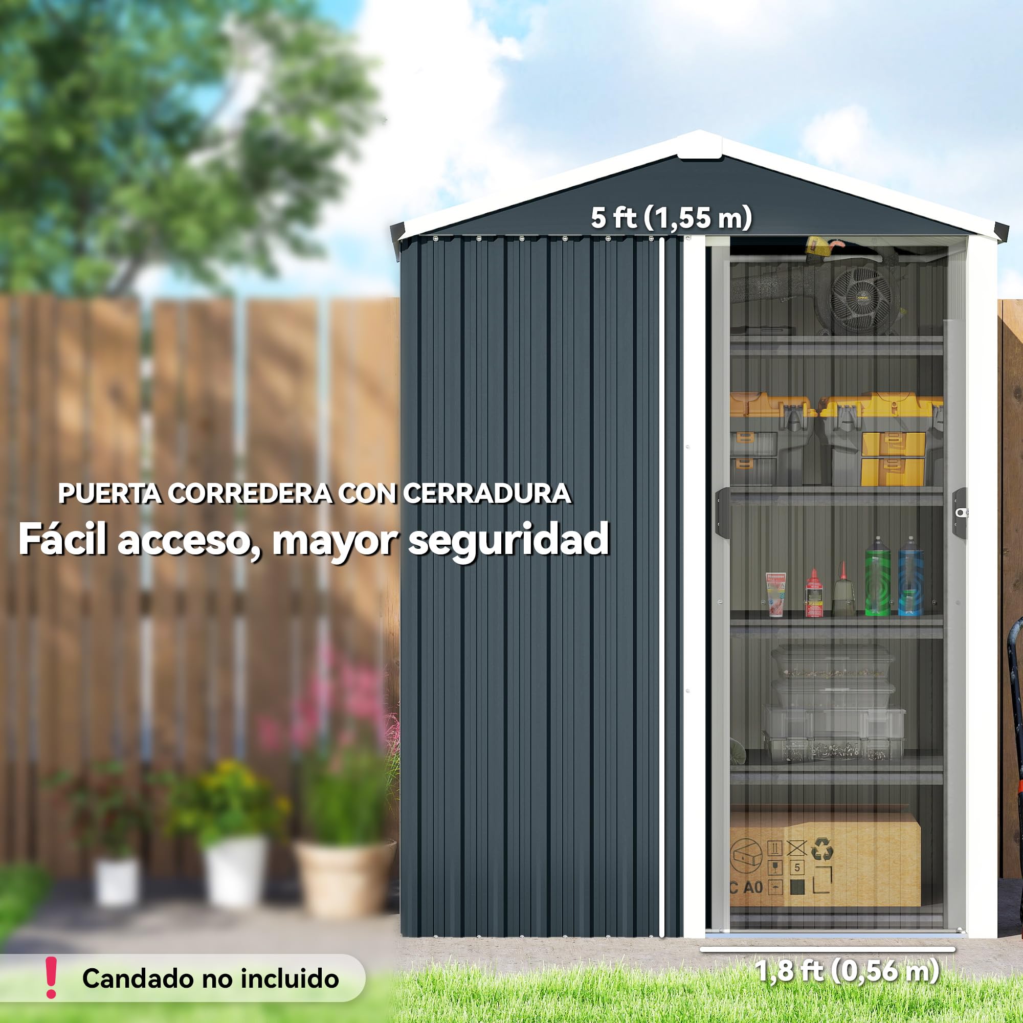 Outsunny Caseta de Jardín Exterior 1,1 m², 136x87x179 cm, Cobertizo de Jardín Exterior Metálico con Puerta Corredera, Techo Inclinado y Guantes, para Almacenaje de Herramientas, Gris Oscuro — view 4