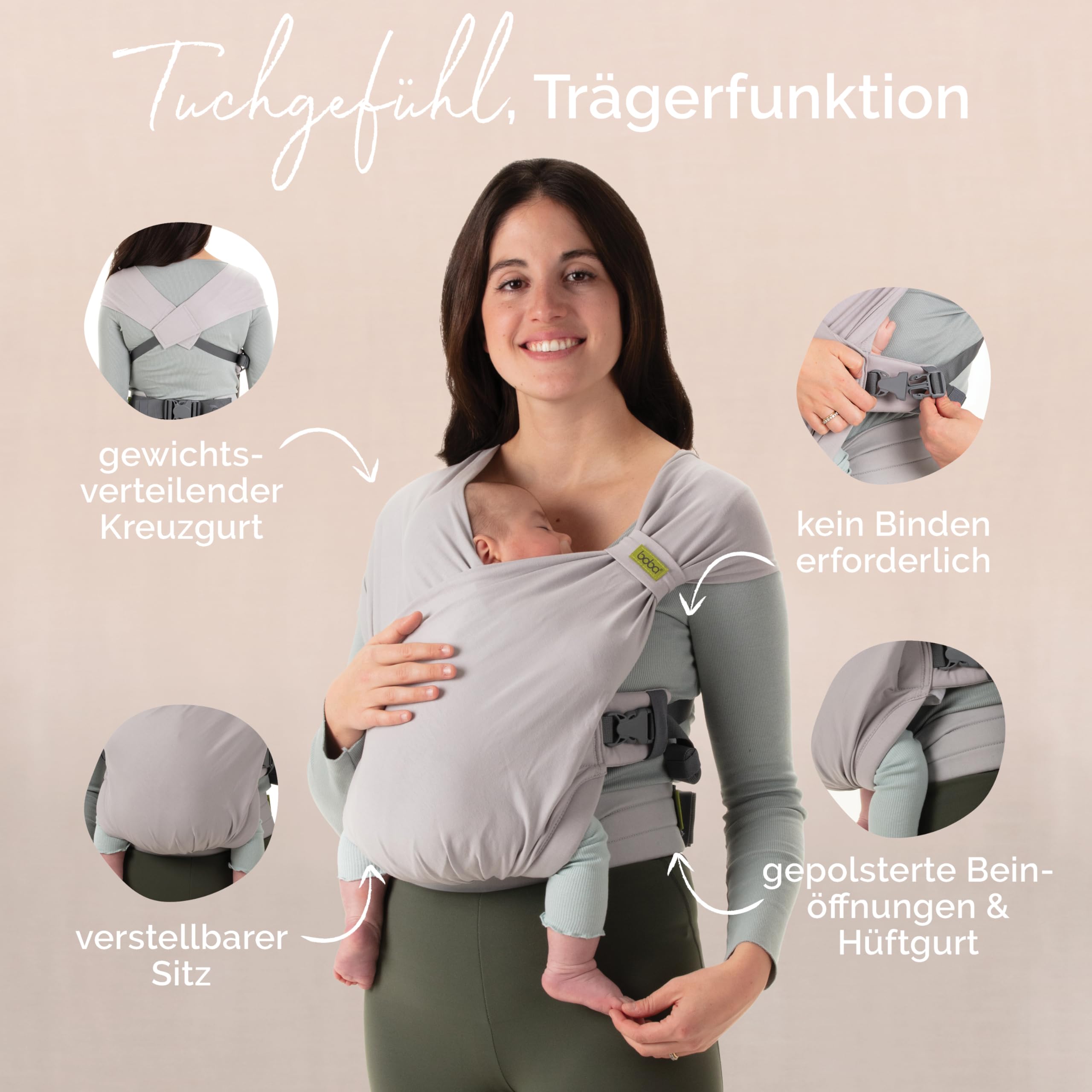 Boba Bliss Babytrage Neugeborene ab Geburt bis 16 kg - 2-in-1 Baby Carrier & Baby Tragetuch Ohne Binden & Knoten, Hüftfreundliche Babytrage ab Geburt, Weiche & elastische Baby Trage (Grau)