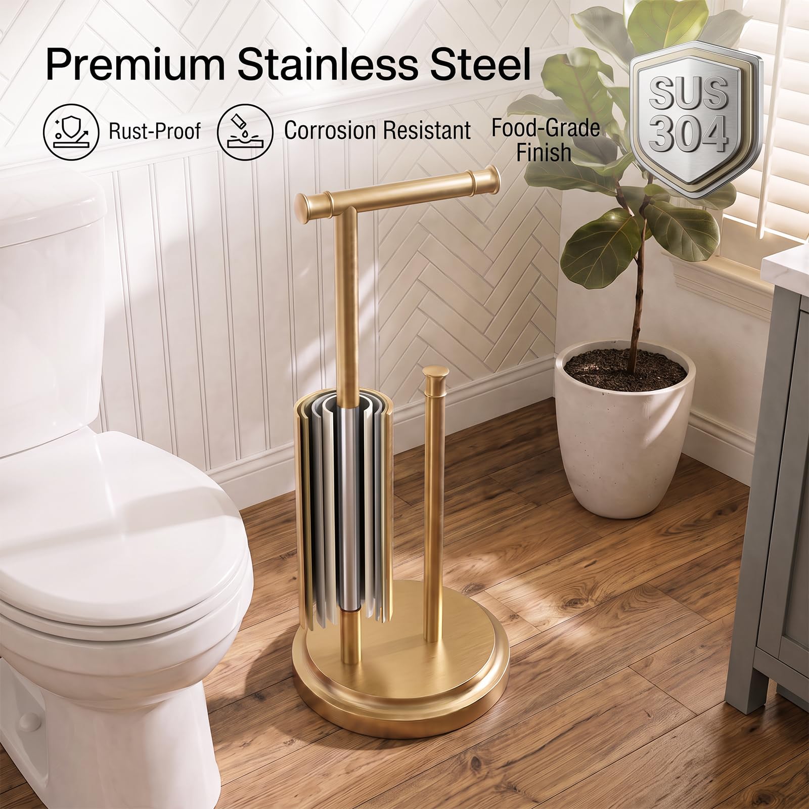 Hoimpro Toilet Paper Holder Stand Bathroom Free Standing Brushed Gold — Amazon image 5