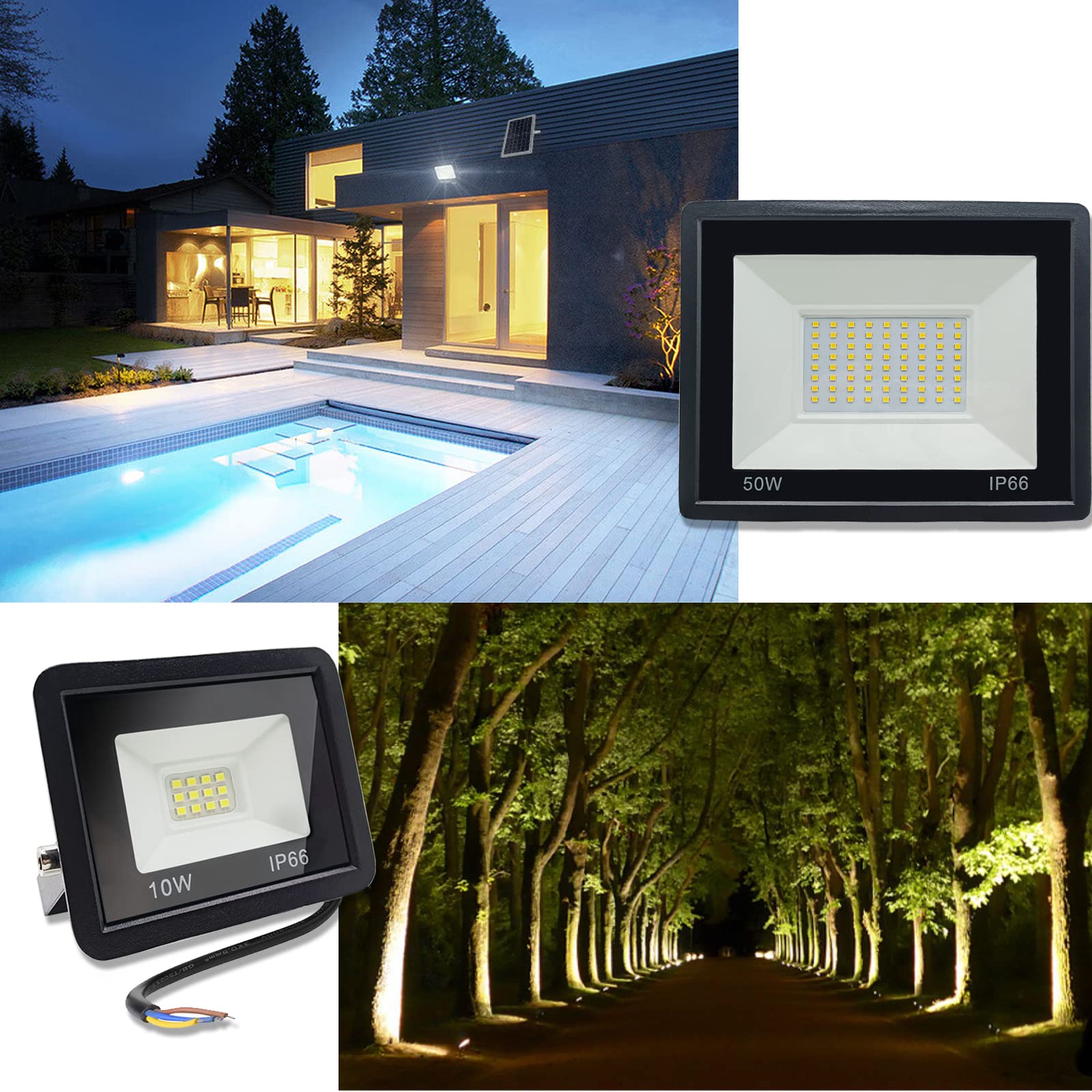 Projecteur Exterieur led 50W Spot led Extérieur avec prise mâle IP66 Etanche Eclairage de Sécurité avec 3m câble, Super lumineux Lumières d'inondation pour Jardin Patio Garage, Blanc chaud 3000K