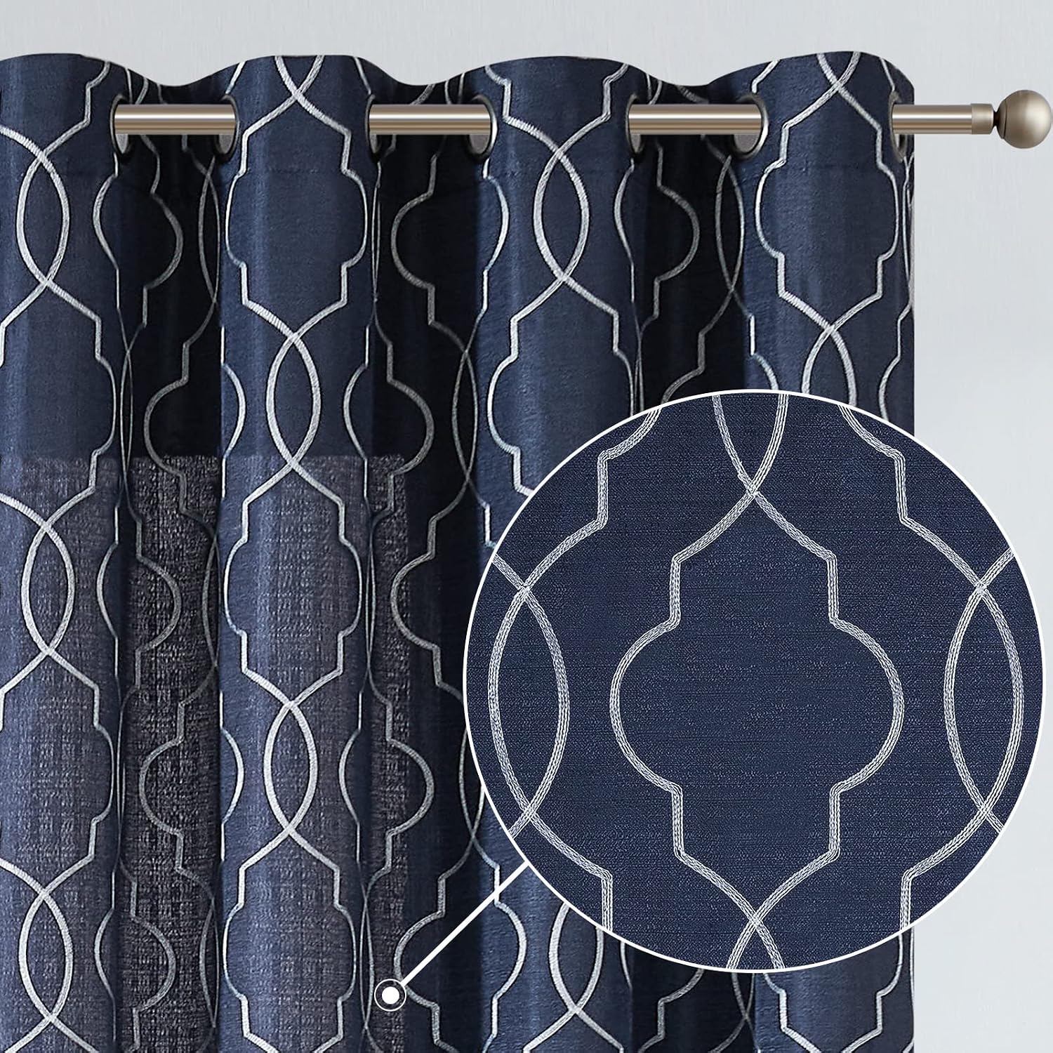 jinchan Curtains Navy Blue Drapes Living Room Curtain Embroidered Window Treatment Bedroom 63 inch Trellis Pattern Window Drapes Ring Top Casual Weave Linen Textured Grommet Curtain Set 1 Pair