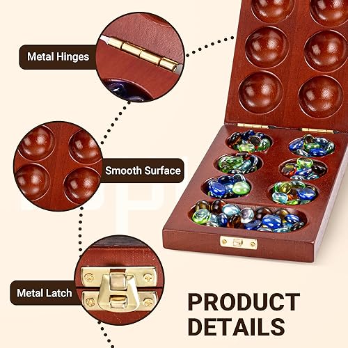 Miniatura 4 de ropoda Update Mancala - Juego de mesa con tablero de madera de goma plegable y 72+8 piedras de vidrio multicolor y bolsa de almacenamiento de