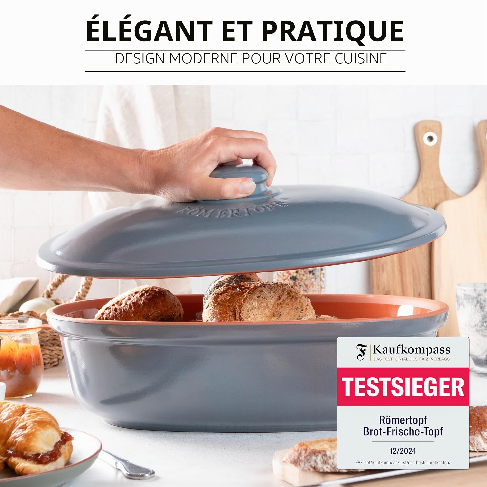 Römertopf Pot à pain en céramique naturelle, idéal pour ranger le pain et les pâtisseries 30x21x14,5 cm bleu-gris