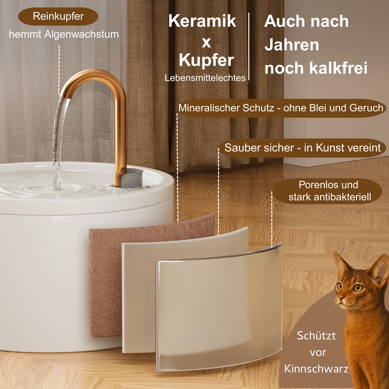 MISFANS Katzenbrunnen Keramik, Trinkbrunnen für Katze 2.1L, Leiser Wasserspender Katzen, Hygienischer Pet-Brunnen mit Filtersystem, Für Mehrkatzenhaushalte, Einfache Reinigung, Weiß