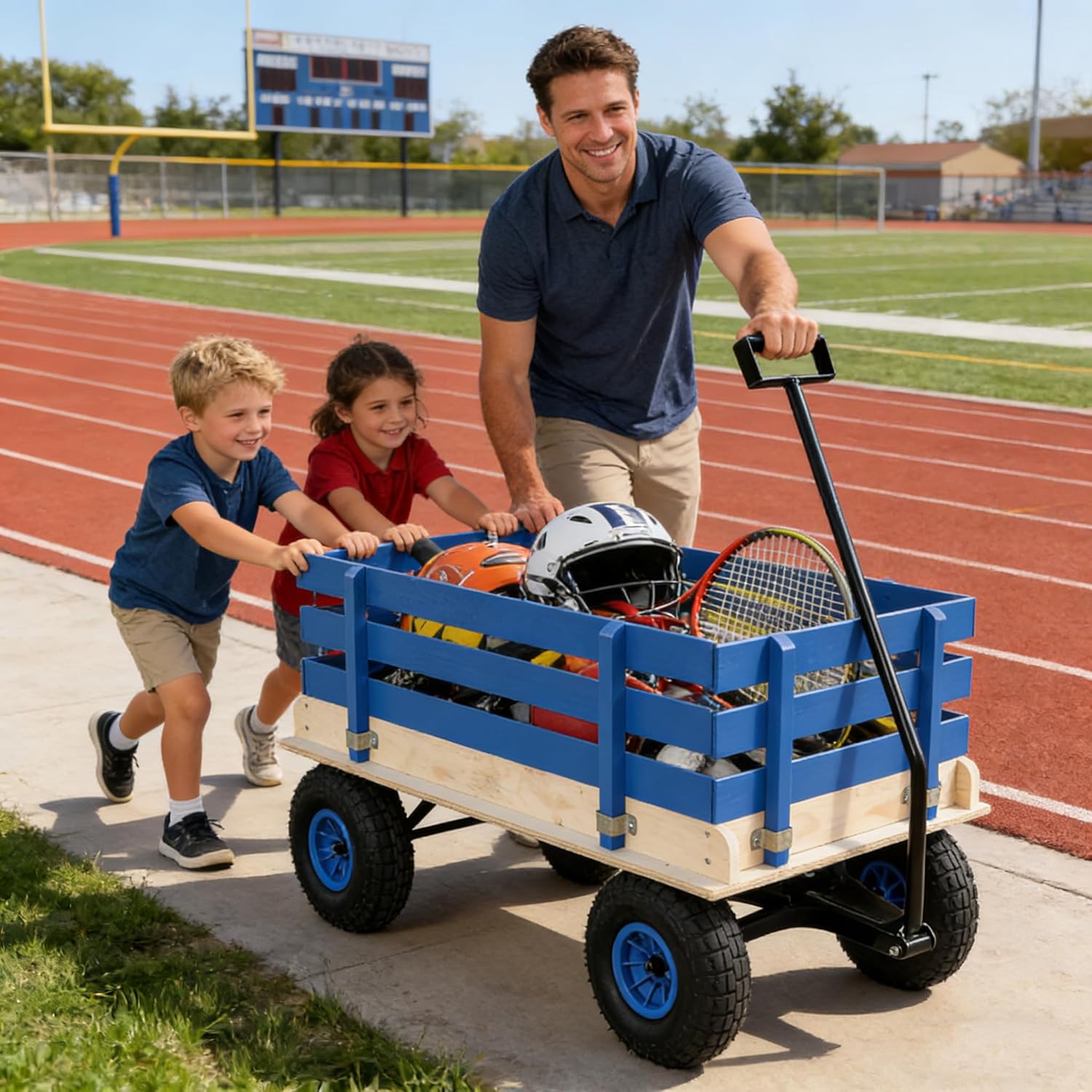 Outdoor Iron and Wood Garden Chair in Blue - Durable Rust-Resistant Frame with Comfortable Wooden Seat for Patio, Garden, and Backyard