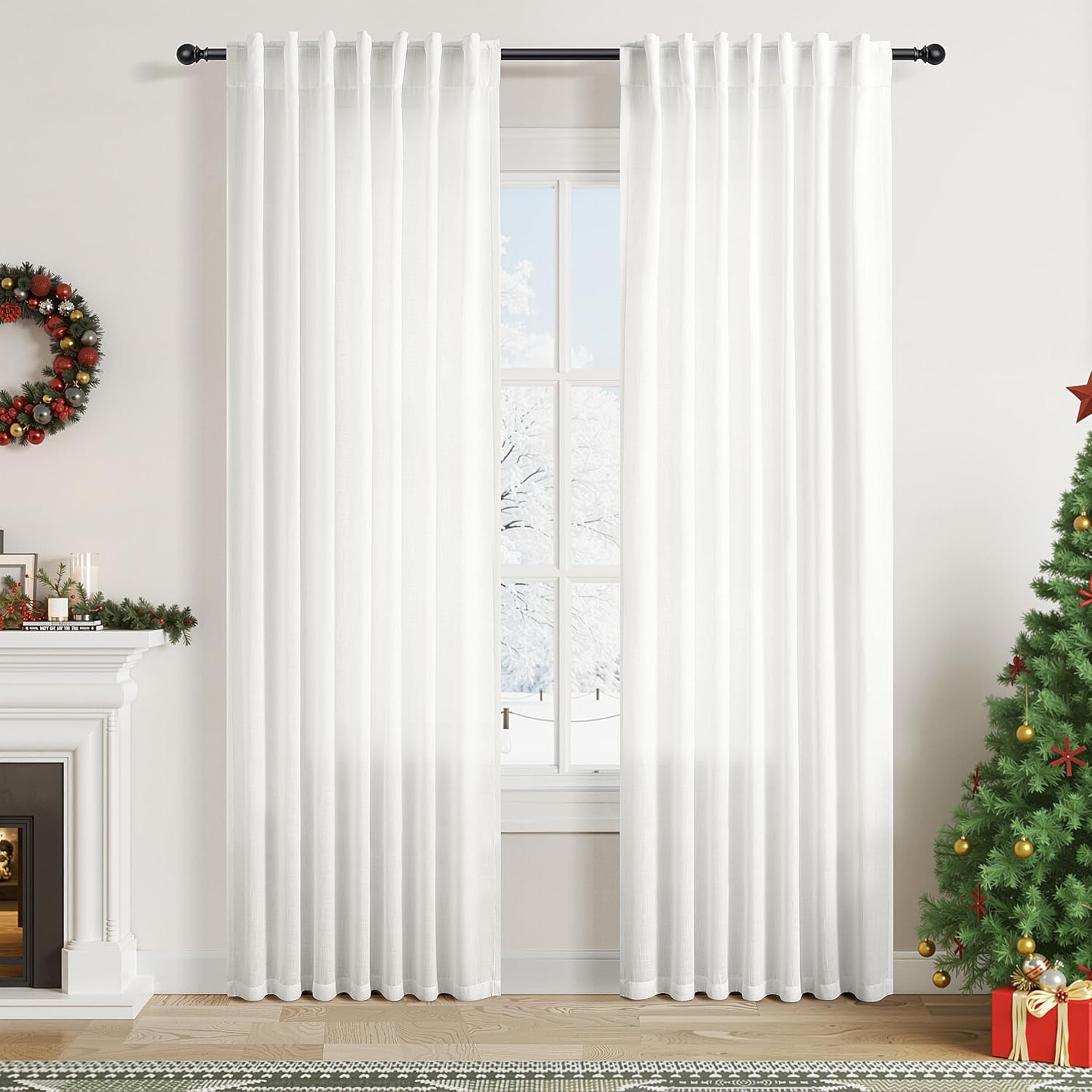 Nanspring Linen Curtains 84 Inch Length 2 Panels Set,Ivory - Back Tab Pocket Flax Linen Cotton Textured Curtains for Living Room Dining Room Cream White Natural Light Filtering Window Drapes 52X84