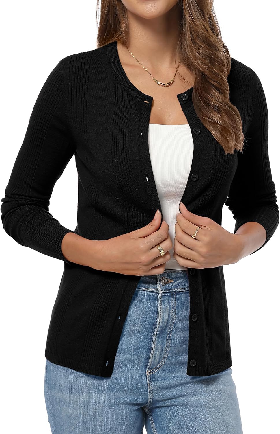 QUALFORT Women’s Lightweight Ribbed Knit Cardigan Sweater Crew Neck Button Down Long Sleeve Soft Stretchy Cardigan