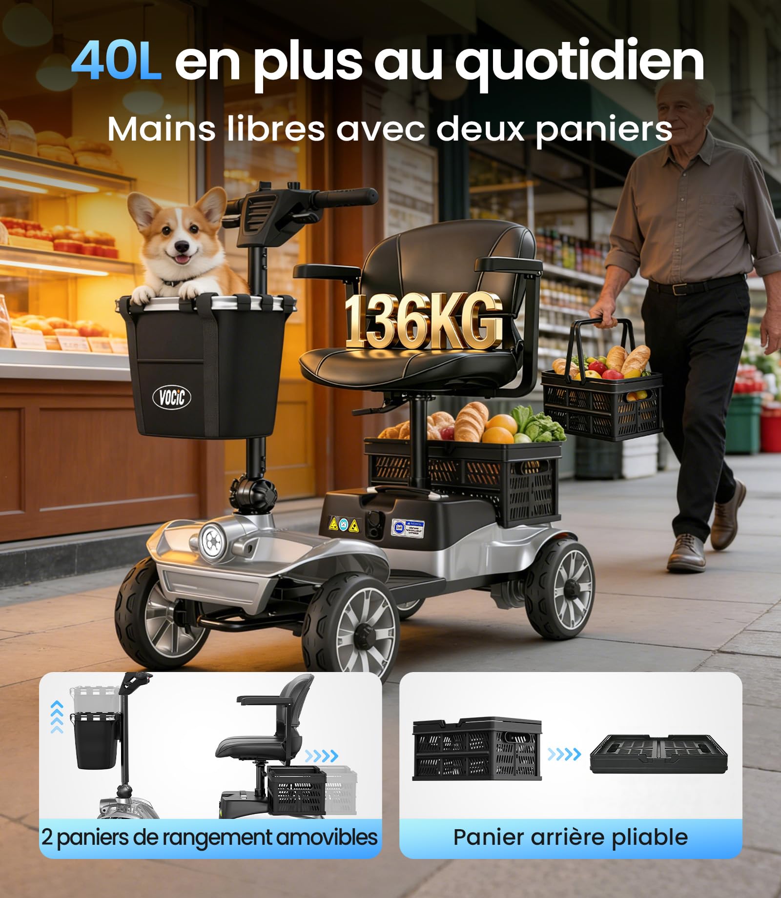 VOCIC D35 Scooter de mobilité Pliable 35 km, avec Double Panier 40L | capacité 136 kg, roues 20 cm, siège ergonomique réglable, batterie amovible, idéal pour seniors (Gris argenté)
