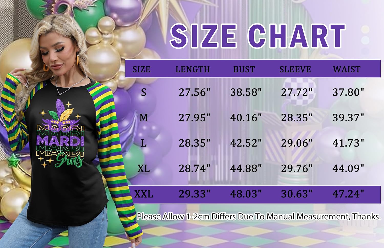 Mardi Shirts for Women: Carnival Glitter Mask Graphic T Shirt Mardi Outfit Fat Tuesday Long Sleeve Tops - Image 6