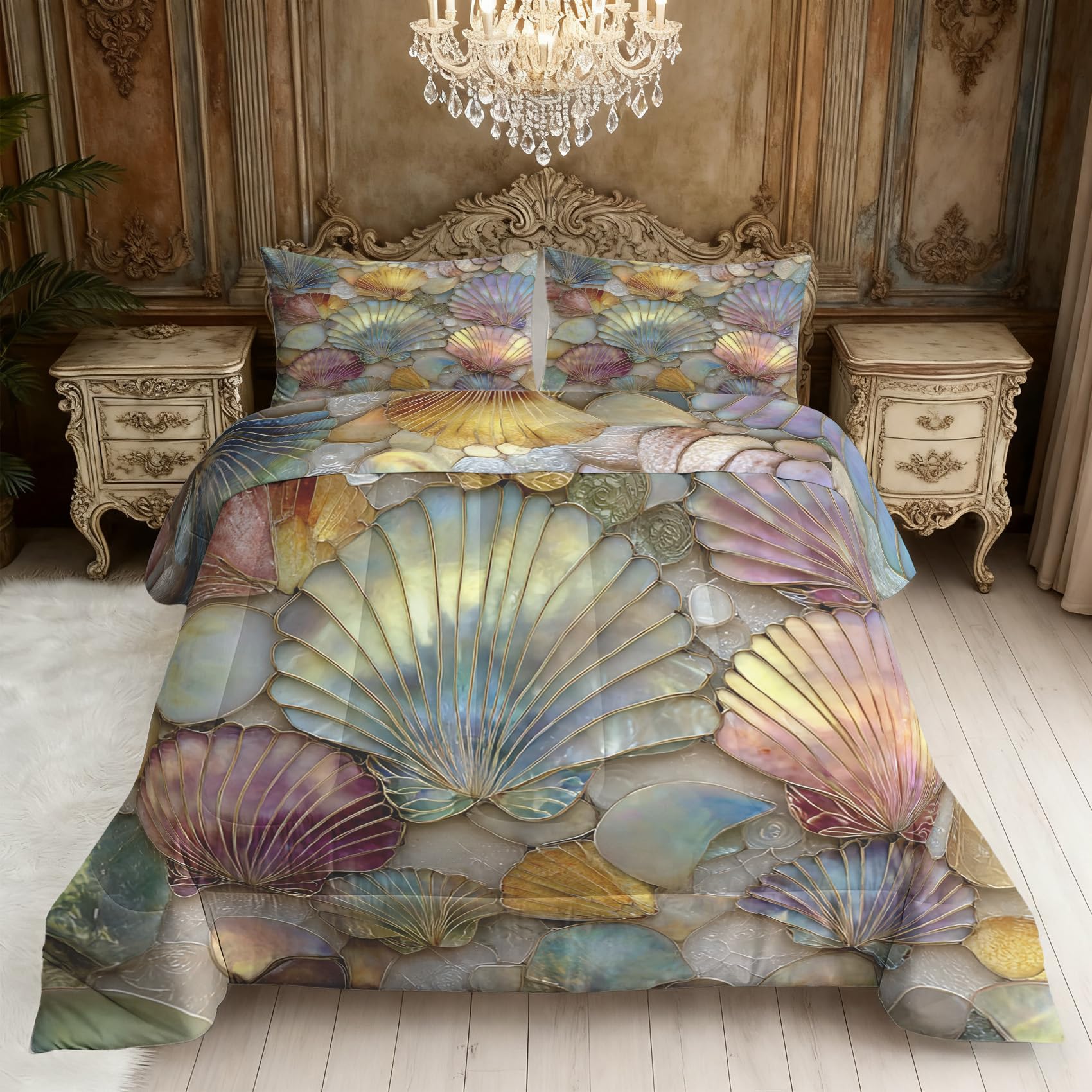 Couette 260x240 4 saisons imprimée coquillage avec 2 taies d'oreiller