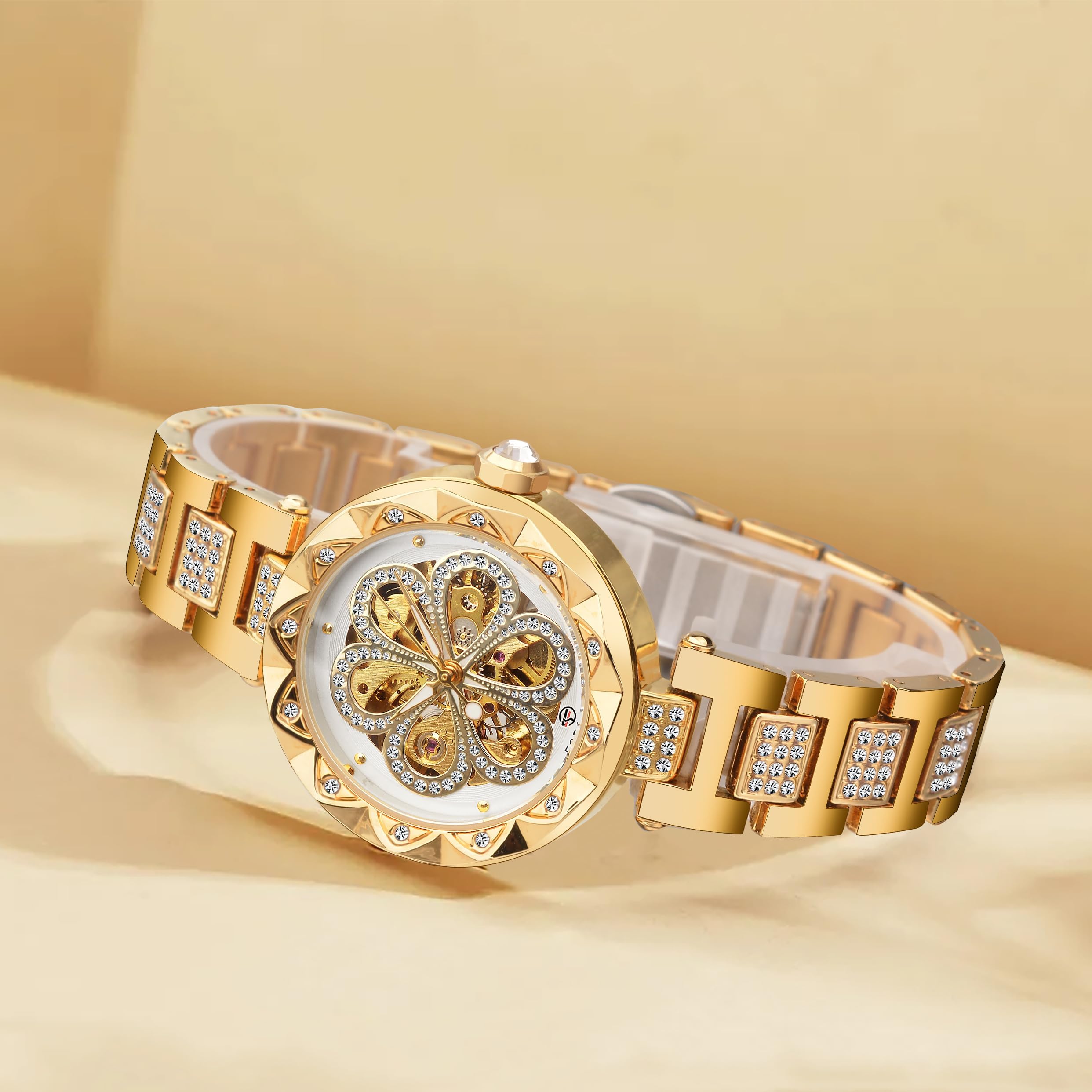 FORSINING Automatische mechanische Damenuhren, Skelett-Steampunk-Uhr mit Diamant und Schnitzerei, Blumenhandwerk, kalte Uhr für Frauen, minimalistisches Retro-Design, mechanische Skelett-Armbanduhr,