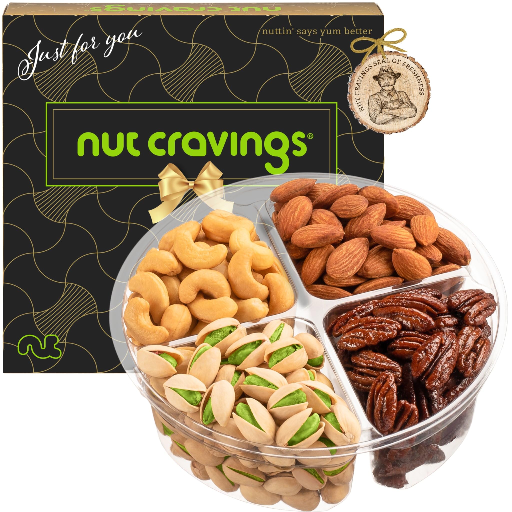 NUT CRAVINGS - Holiday Christmas Mixed Nuts Gift Basket in Black Gold Box (4 Assortments) Xmas Treats for Adults, Food Arrangement, Healthy Snack Care Package, Kosher