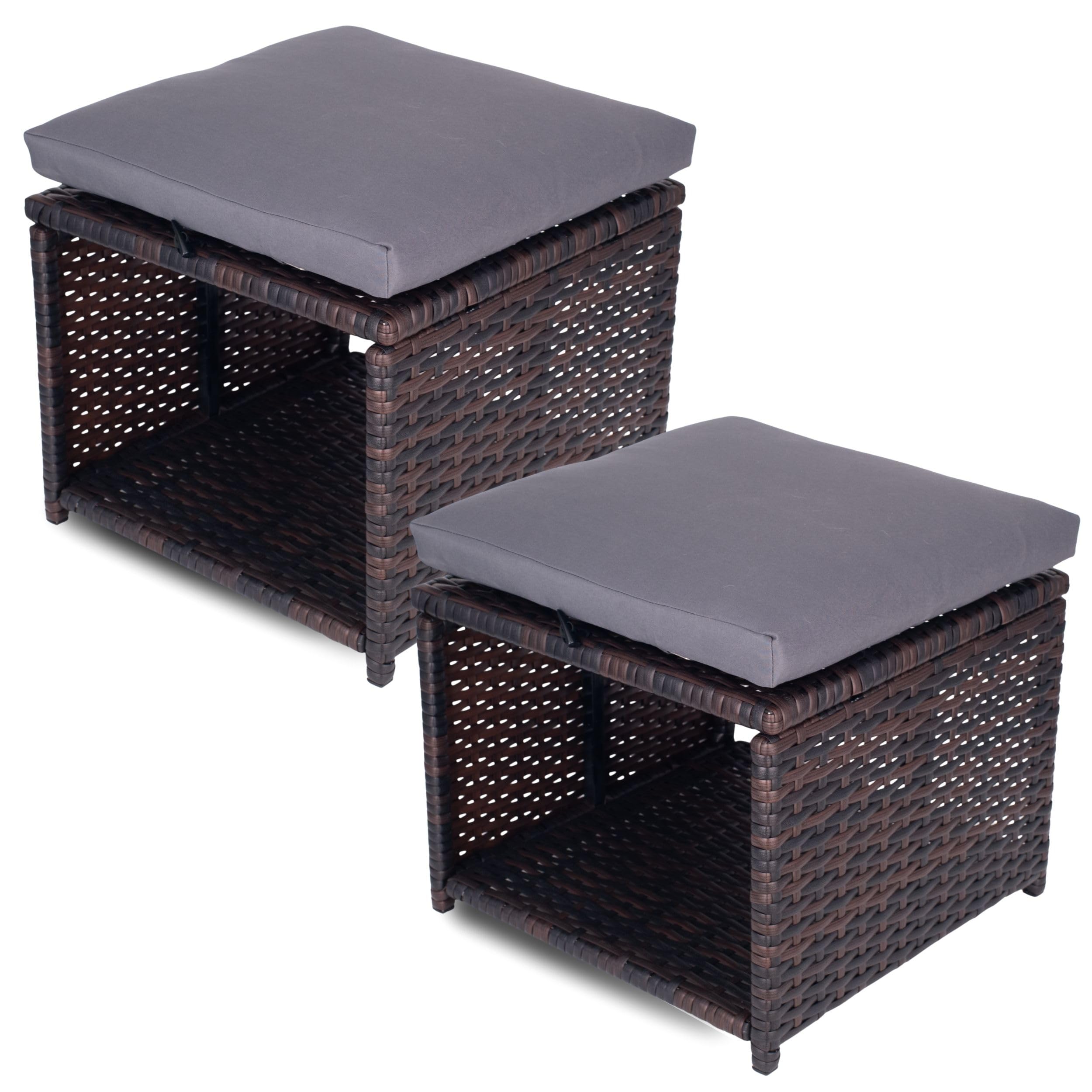 EZ Pro Goods Outdoor Storage Ottoman (Set of 2) - All-Weather Wicker Patio Footstool with Washable Cushions - Sturdy Rattan Foot Rest & Hidden Box for