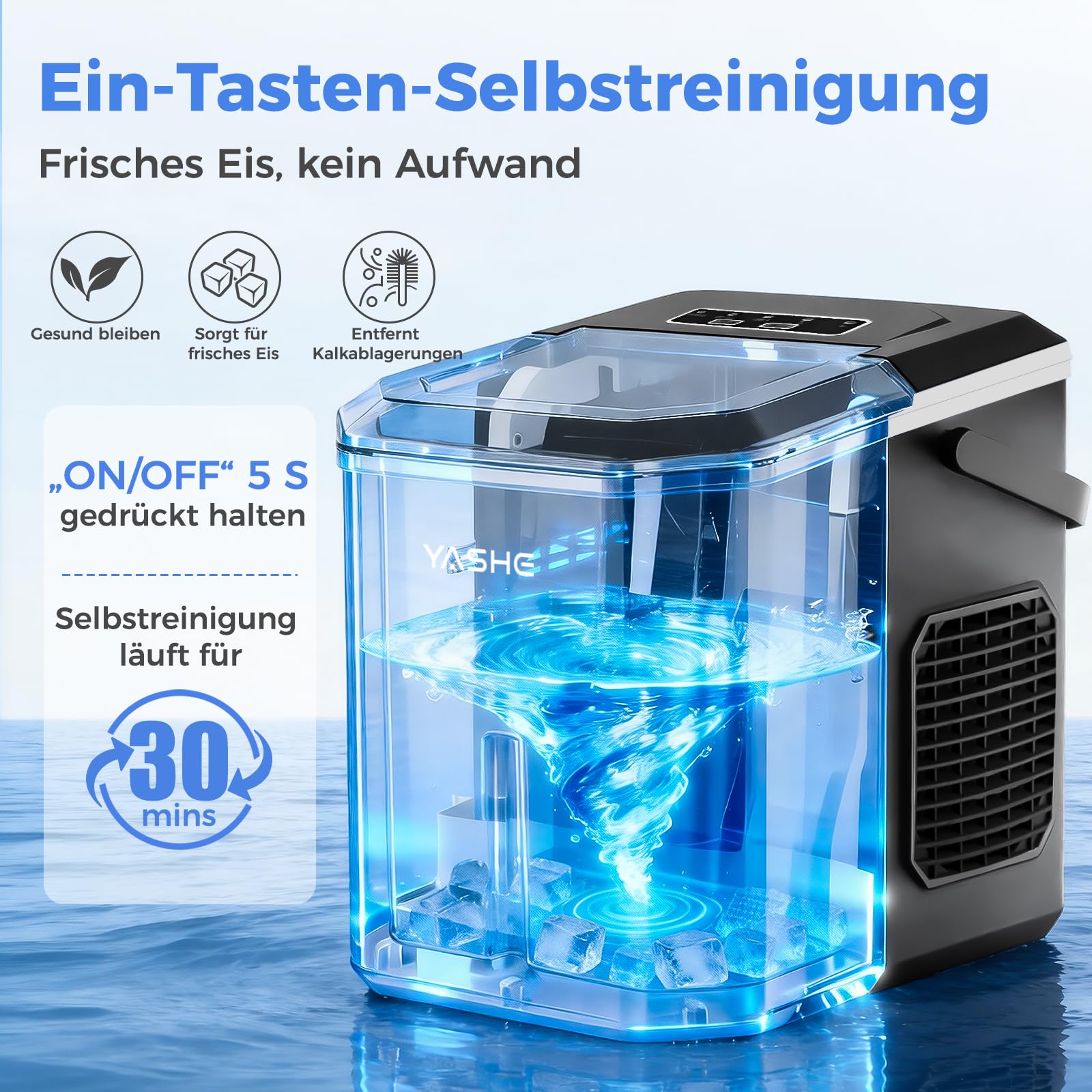 YASHE Eiswürfelmaschine für die Arbeitsplatte, Kugelförmige Eiswürfel in 2 Größen, 9 Eiswürfel in 6 Minuten, 12kg Eis pro Tag, Selbstreinigende Tragbare Eismaschine mit Tragegriff für Küche, Camping