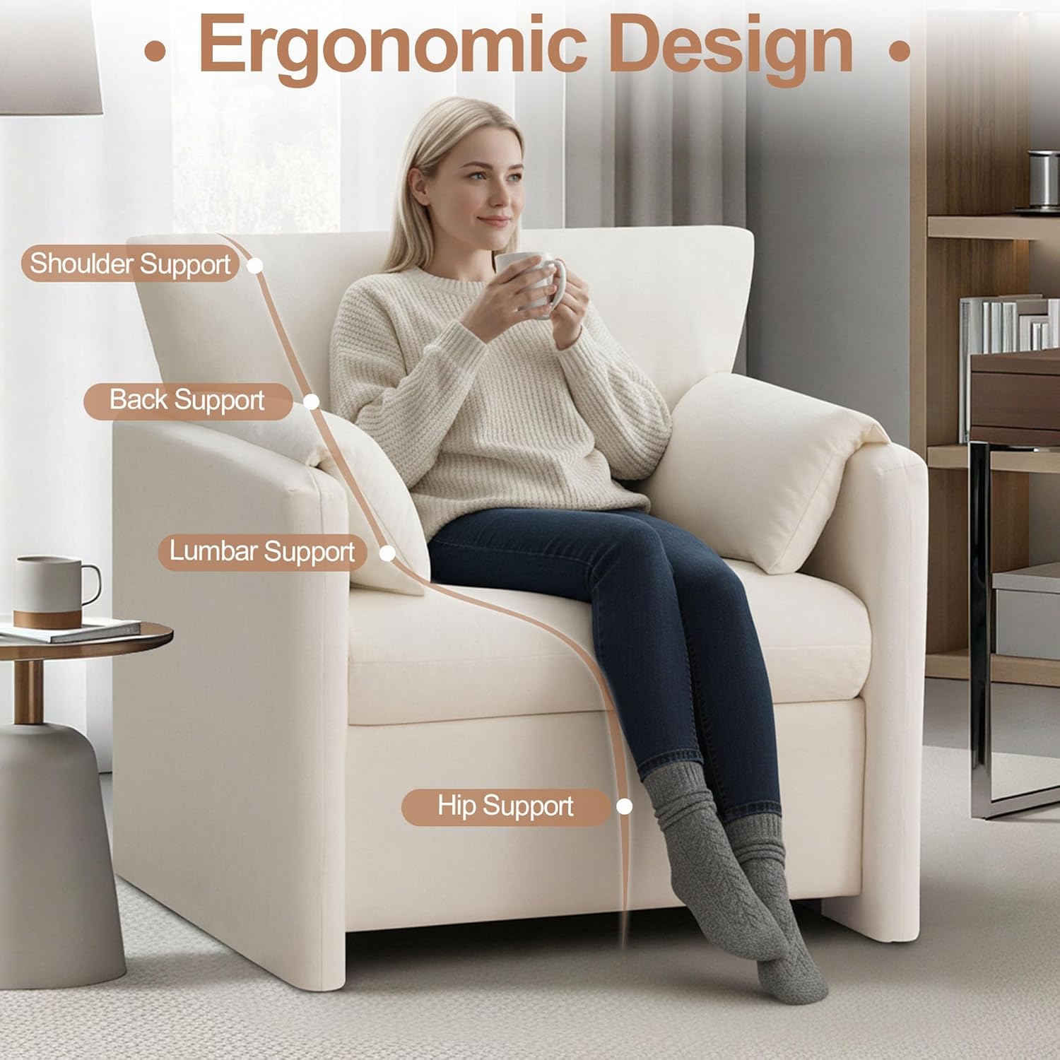 Oversized Accent Chair for Living Room, 32.68" Large Modern Armchair with Deep Seat, Mid-Century Comfy Reading Chair with Padded Arms, Chenille Single Sofa Chairs for Bedroom, Beige