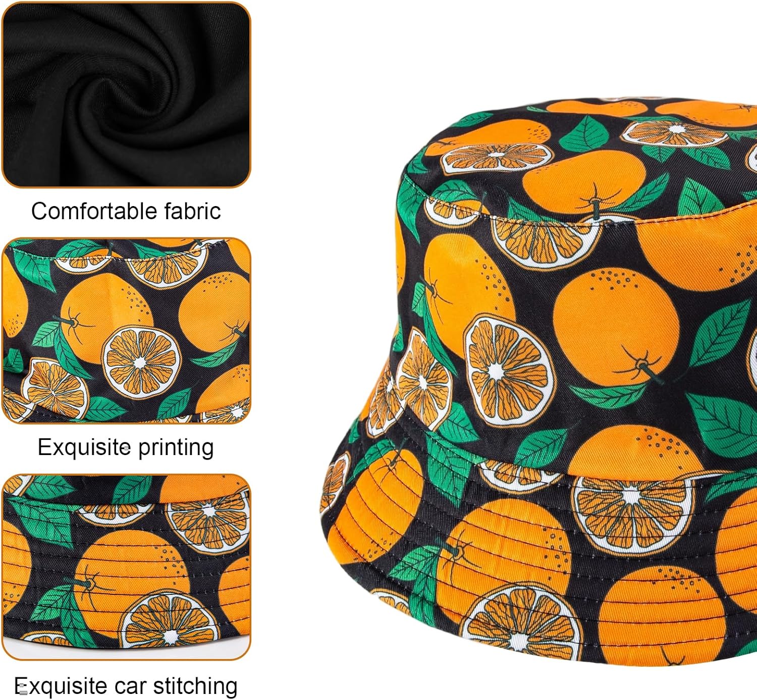 Orange Fruit Bucket Hats for Men and Women Foldable Double-Side Reversible Road Beach Trip Fishing Hat - Image 4