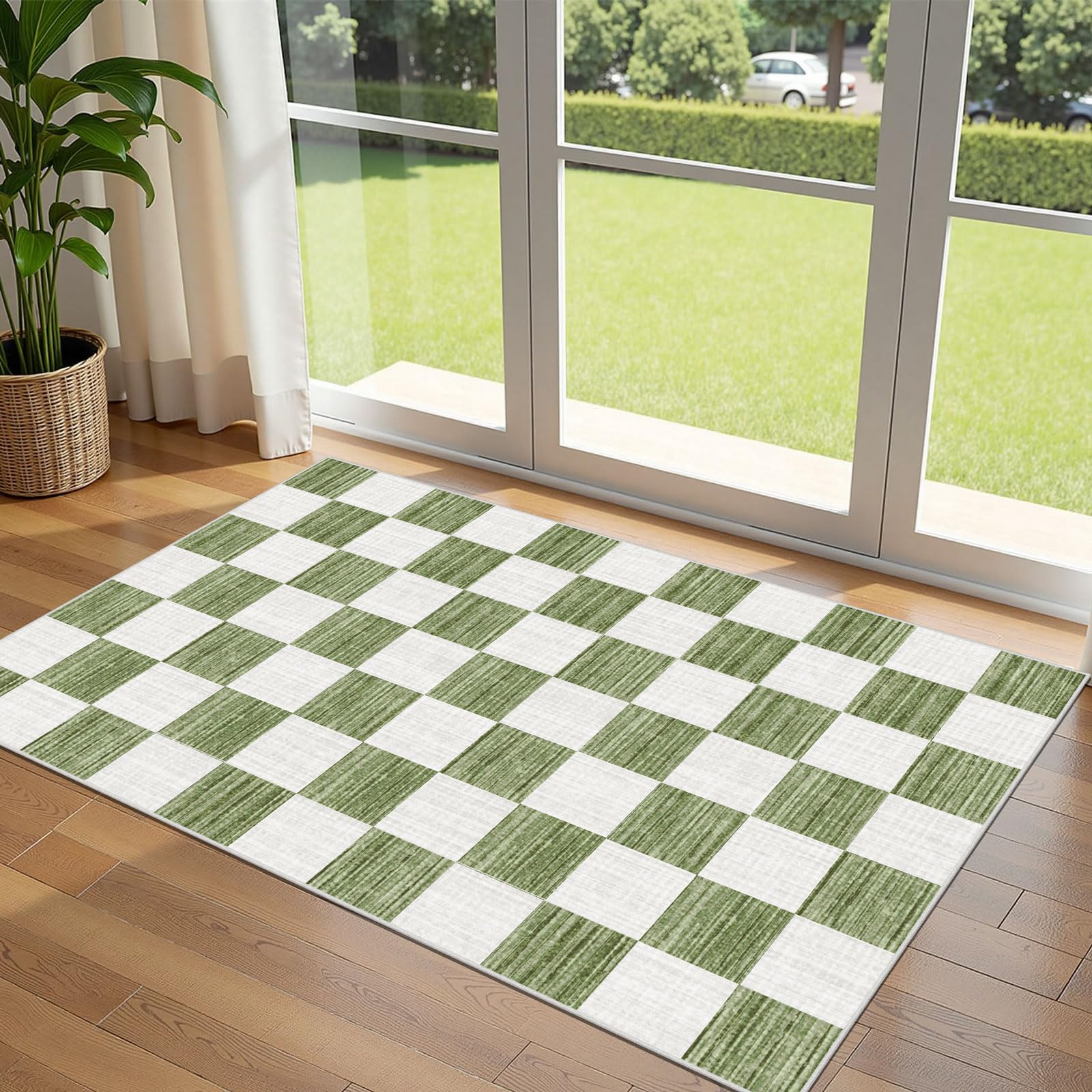 Othilic Green White Checkered Entry Rug - 3x5 Ft Non-Slip Washable Indoor Outdoor Front Door Mat Outside Entrance Porch Rug Geometric Rugs for Living Room Bedroom Entryway Kitchen Office Porch Decor — image 1