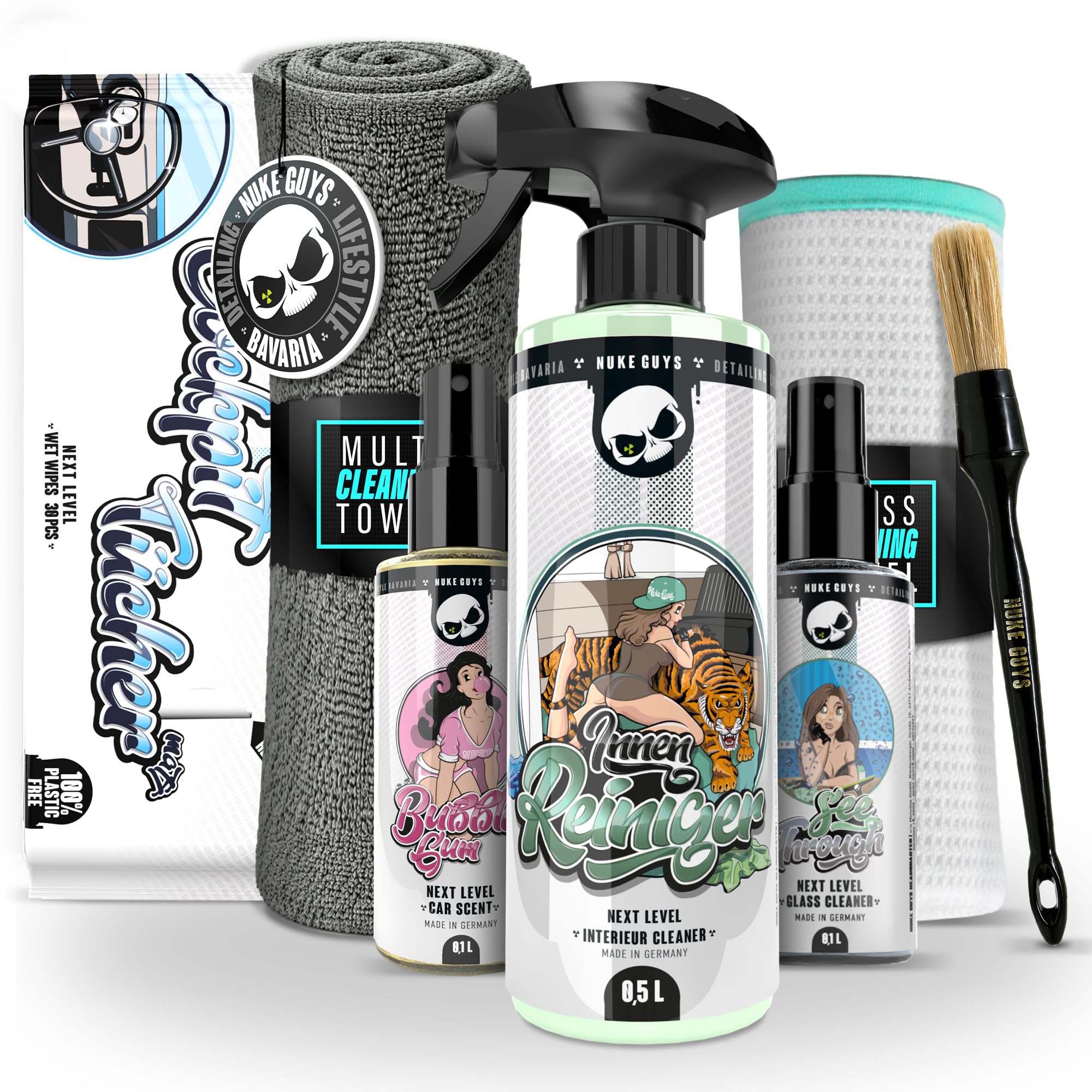 Set di pulizia per auto Nuke Guys per interni | Pulitore per interni + Pulitore per vetri + 1x Panno per finestre + Profumatore per auto + Panni per cruscotto opaco + Pennelli per dettagli + Panno in
