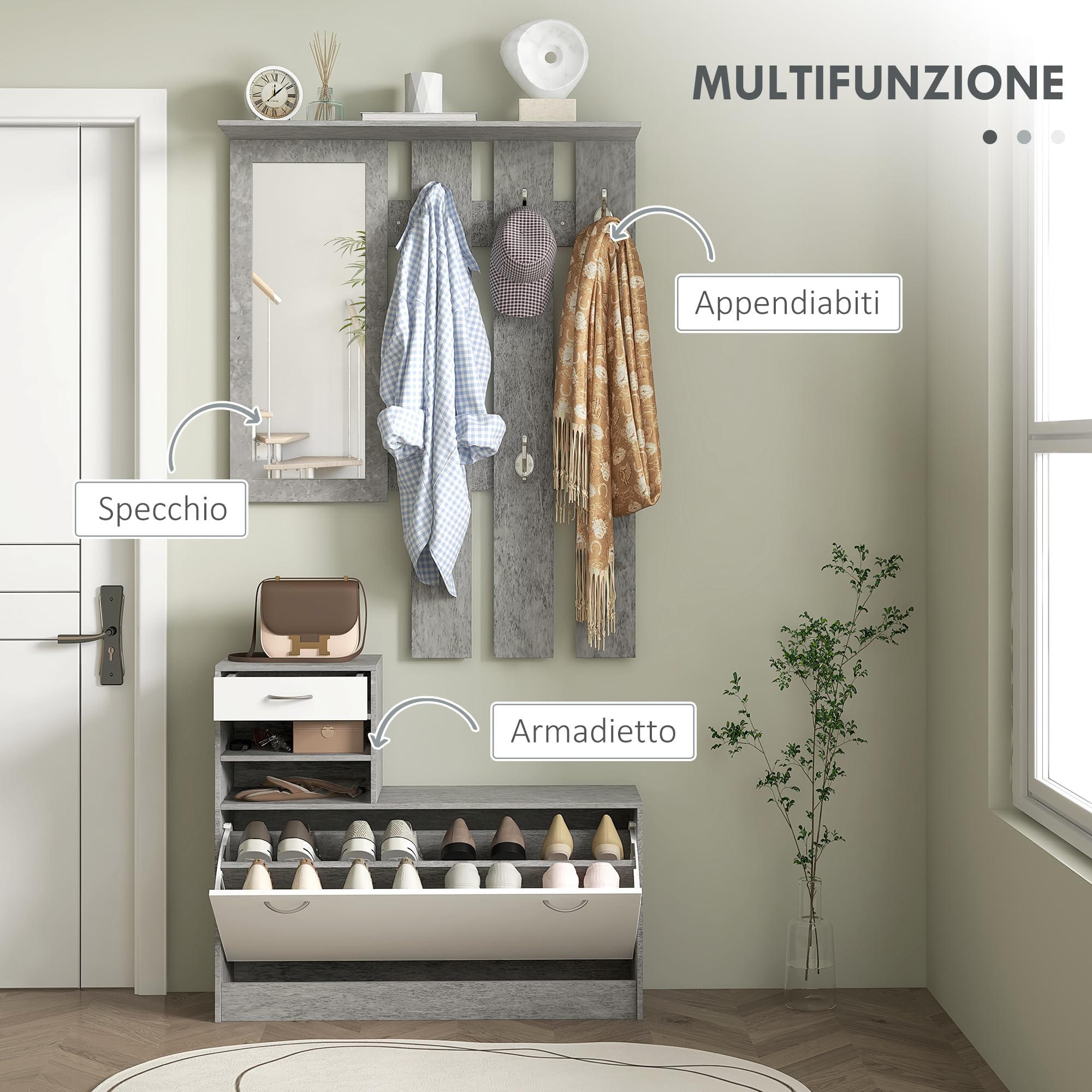 HOMCOM Set Mobili Ingresso Moderno con Scarpiera e Specchio, Appendiabiti da Ingresso con 6 Ganci, 2 Ripiani Regolabili e Cassetti in Legno per Corridoio, Bianco e Grigio Chiaro