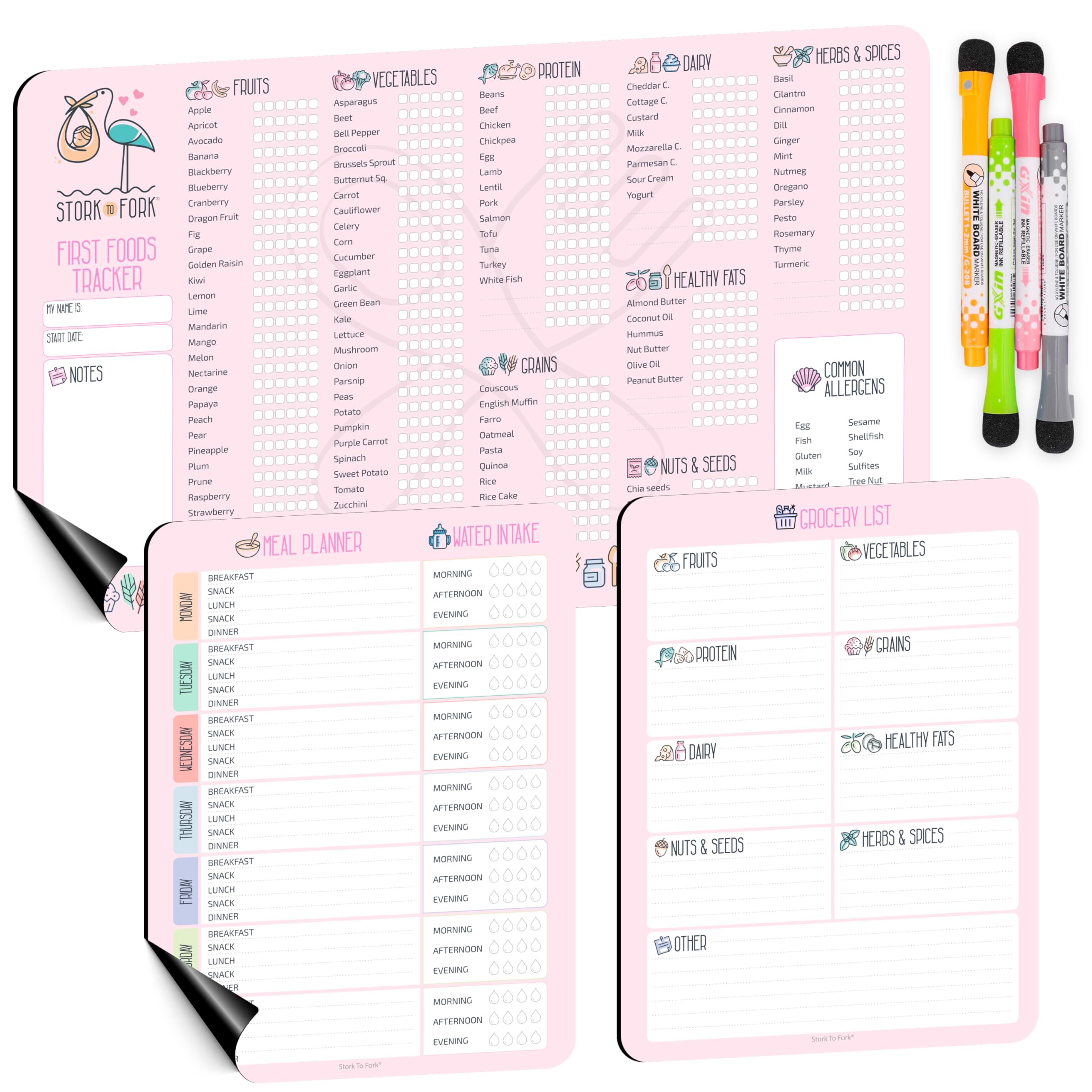 Baby First Food Tracker, Magnetic Meal Planner, Fridge Grocery Shopping List Chart (3 in 1) - Dry, Erase Menu Planners, Strong Stickiness on