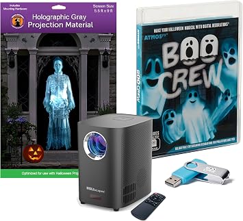 HoliScapes USB Projector Kit - AtmosFX Boo Crew USB + Projector + 5.5 x 9 Large Gray Holographic Screen for Halloween Projection