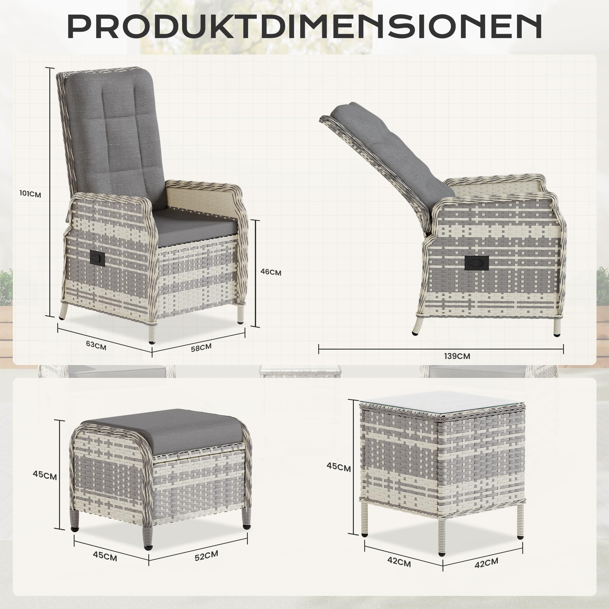 5-teiliges Rattan-Gartenmöbel-Set, Terrassen-Gesprächssets mit 2 Stühlen, 2 Fußhockern und 1 Tisch, verstellbaren Rückenlehnen und weichen Kissen, für Terrassen, Gärten und Innenhöfe, grau