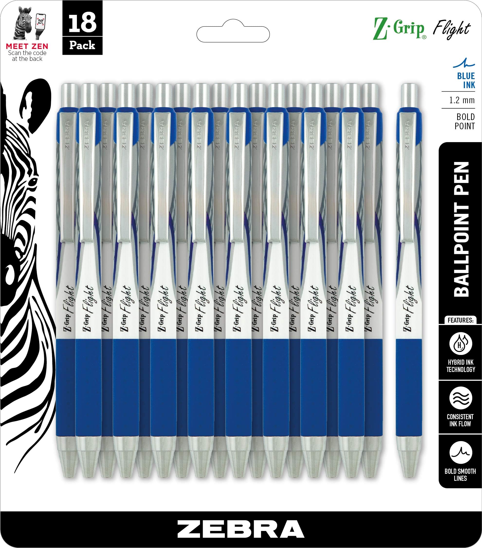 3 Stylos Bille Zebra Z-Grip Smooth Encre Noire - Pointe 1mm, Grip Confort, Clip Métal
