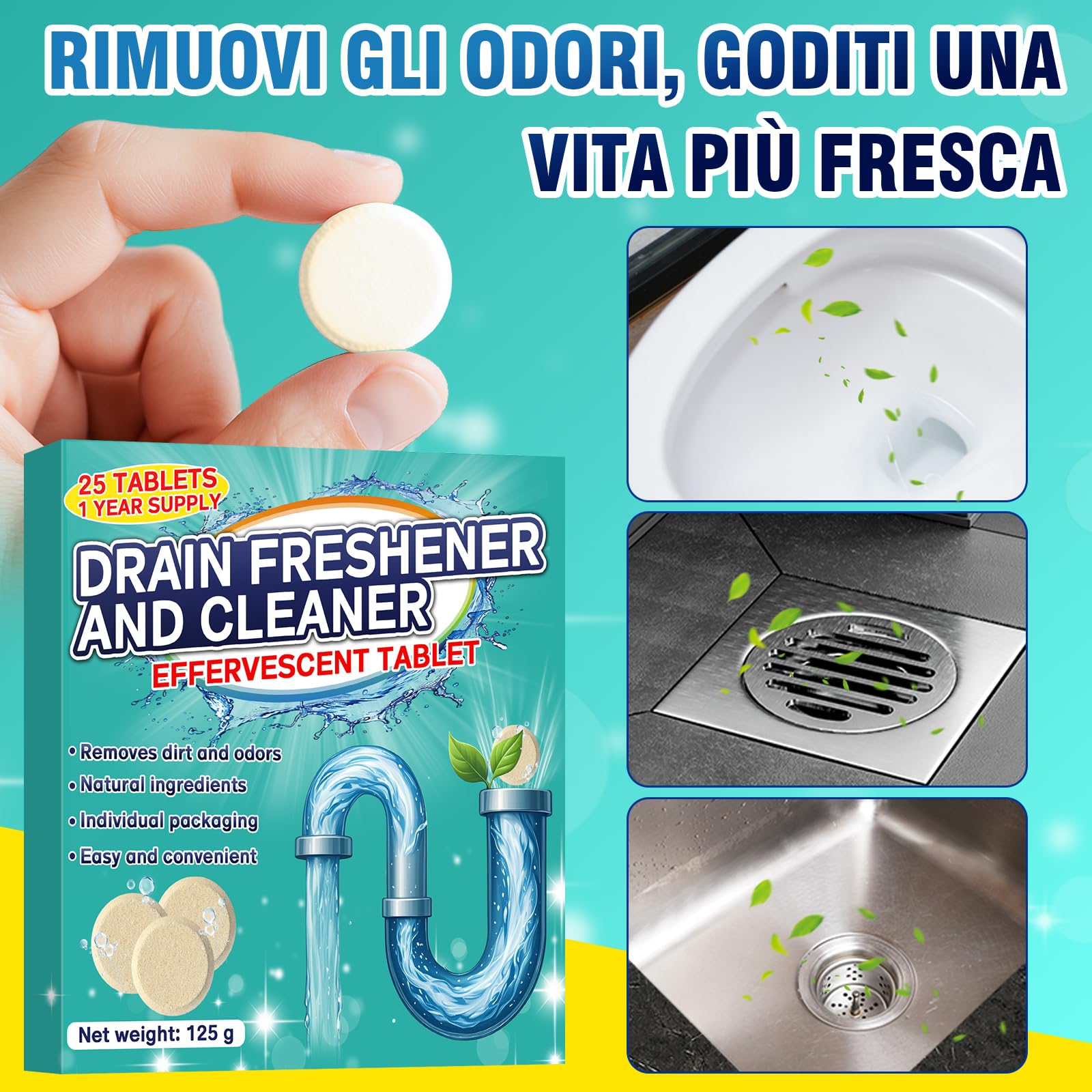 Pastiglie per la Pulizia degli Scarichi Maleodoranti – 25 Compresse Effervescenti – Elimina Cattivi Odori da Lavandino, WC, Doccia e Cucina – Adatte per Tubature PVC, Acciaio e Fosse Settiche