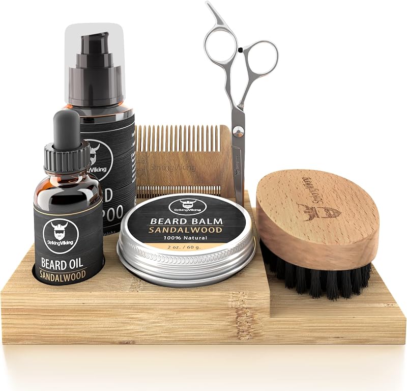 Striking Viking Beard Grooming Kit with Caddy - 7 Piece Set, Sandalwood | Softening Sandalwood Beard Oil & Balm - Brush with Mustache Comb & Scissors - Compact Caddy Organizer & Gifts for Men