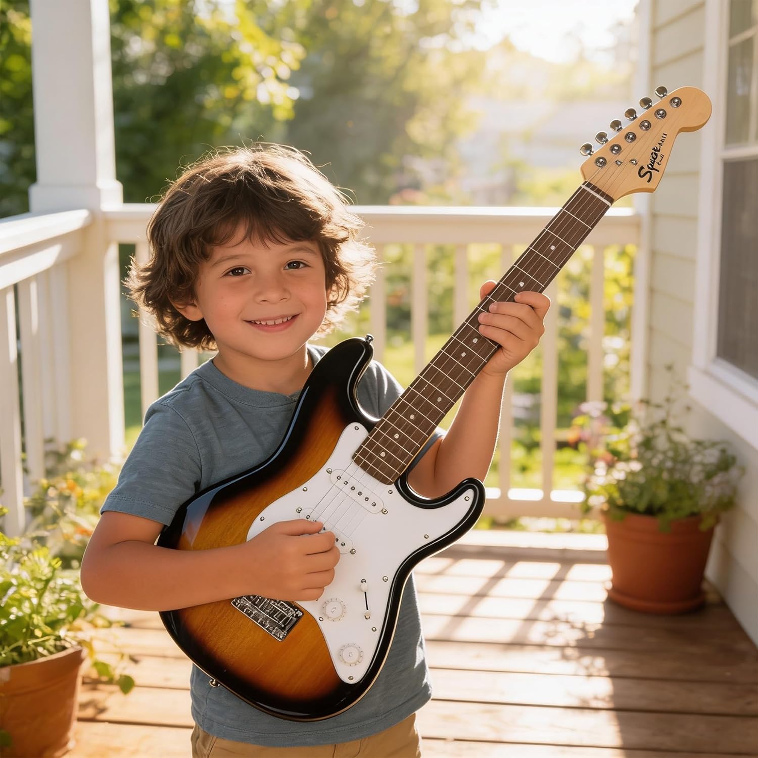 Fender Squier 3/4-Size Kids Mini Strat Electric Guitar - Sunburst Bundle with Amplifier, Cable, Tuner, Strap, Picks, and Austin Bazaar Instructional DVD