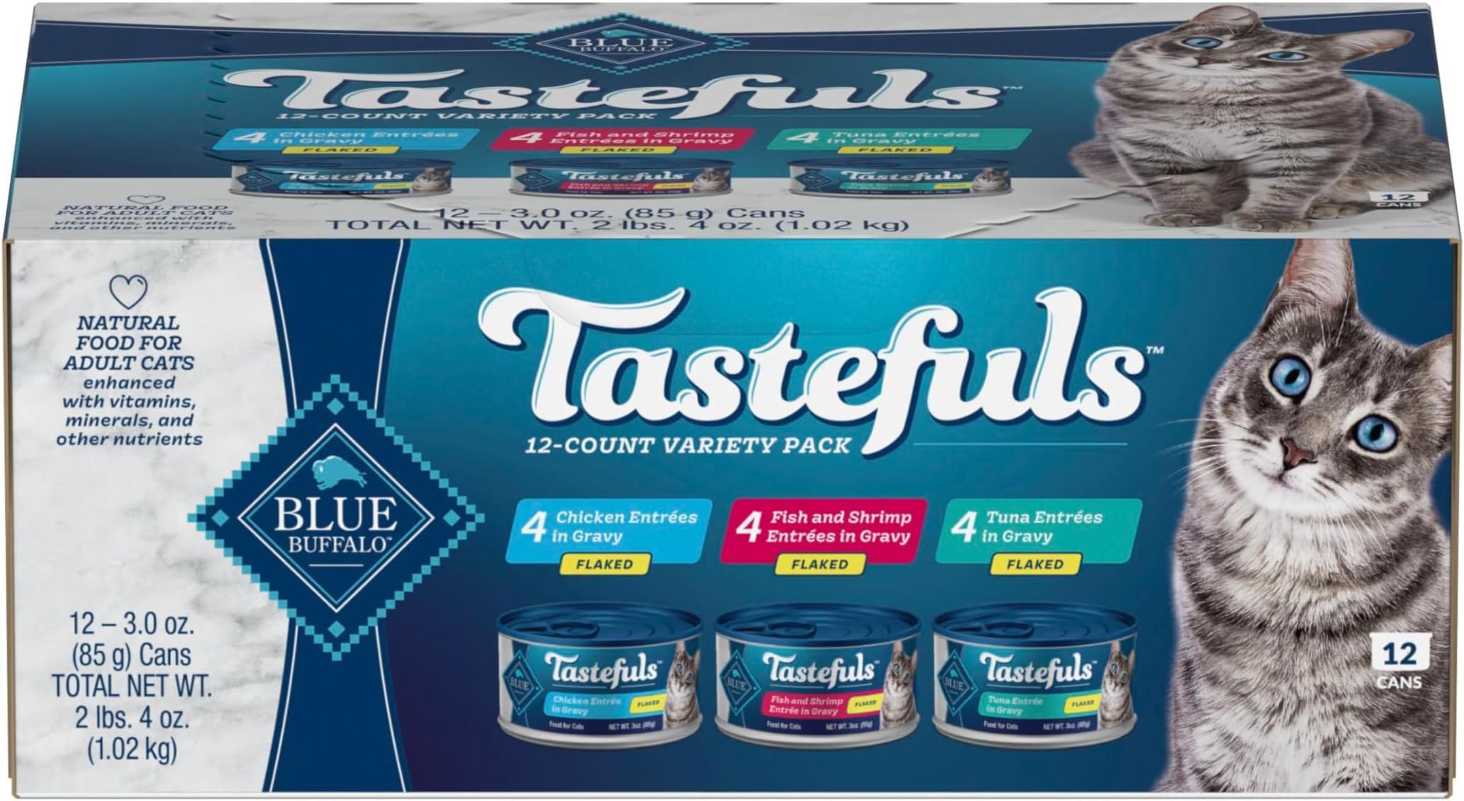 Tastefuls Flaked Wet Cat Food Variety Pack, Made with Natural Ingredients, Tuna, Chicken, Fish & Shrimp, 3-oz Cans (12 Count, 4 of Each)