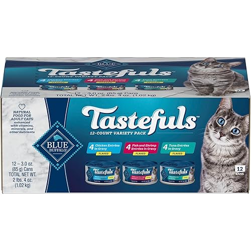 Blue Buffalo Tastefuls Flaked Wet Cat Food Variety Pack, Made with Natural Ingredients, Tuna, Chicken, Fish & Shrimp, 3-oz Cans (12 Count, 4 of Each)