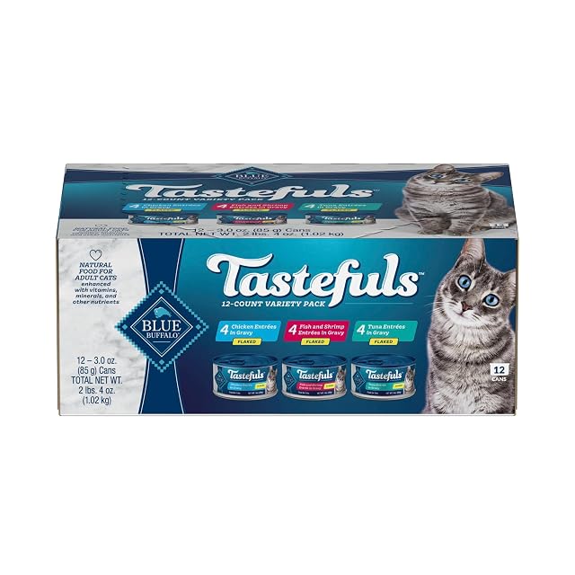 Blue Buffalo Tastefuls Flaked Wet Cat Food Variety Pack Made with Natural Ingredients Tuna Chicken Fish Shrimp 3-oz