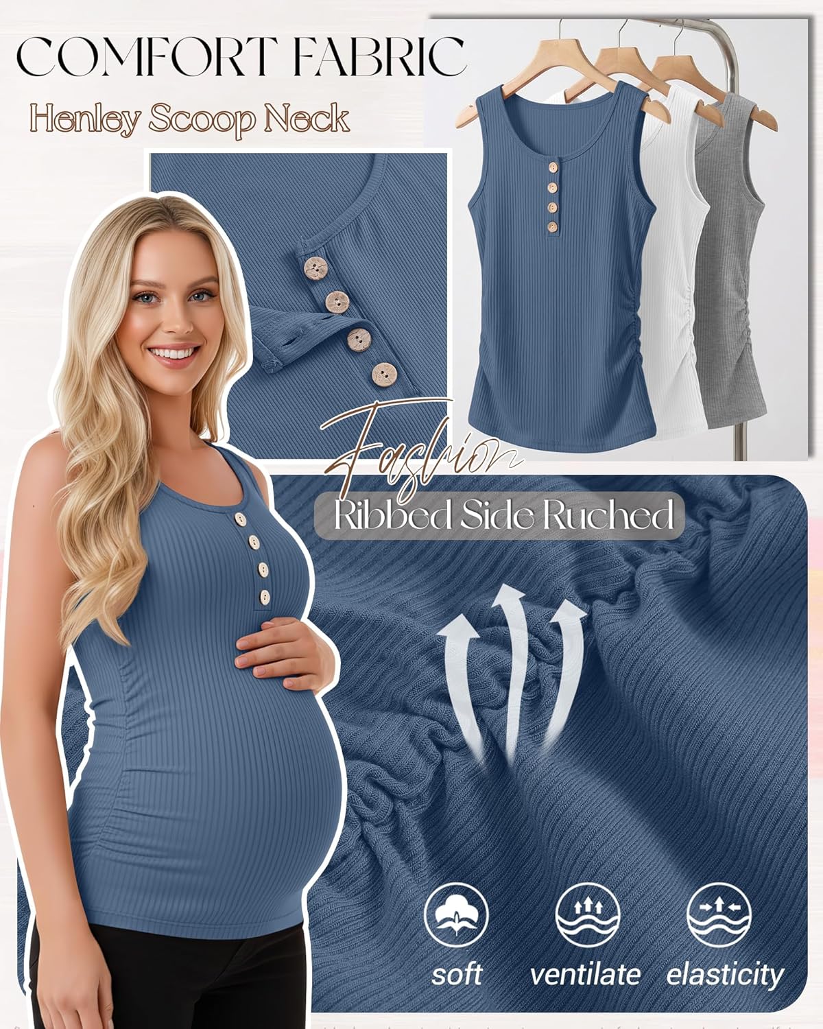 4 Pack Women's Maternity Tank Tops Henley Cotton Scoop Neck Shirt Ribbed Side Ruched Sleeveless Pregnancy Clothes - Image 6