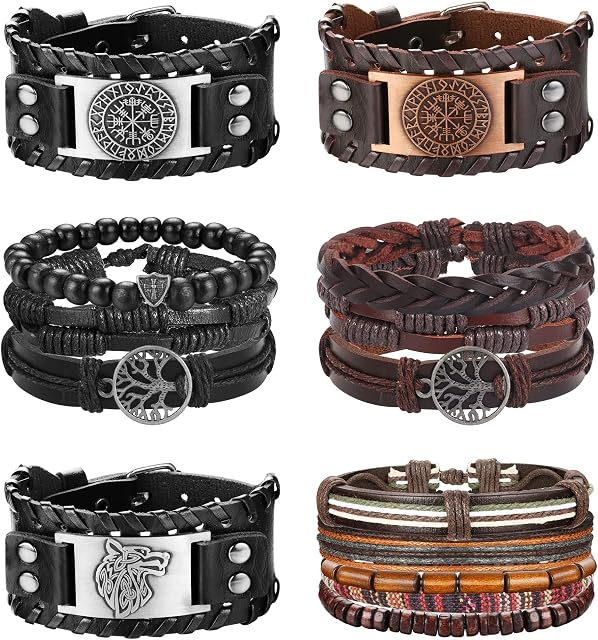 MILACOLATO Leather Bracelets for Men Woven Braided Leather Bracelet Hemp Cords Wood Beads Cuff Viking Wristband Bracelets Set Adjustable Mens Women Black/Brown