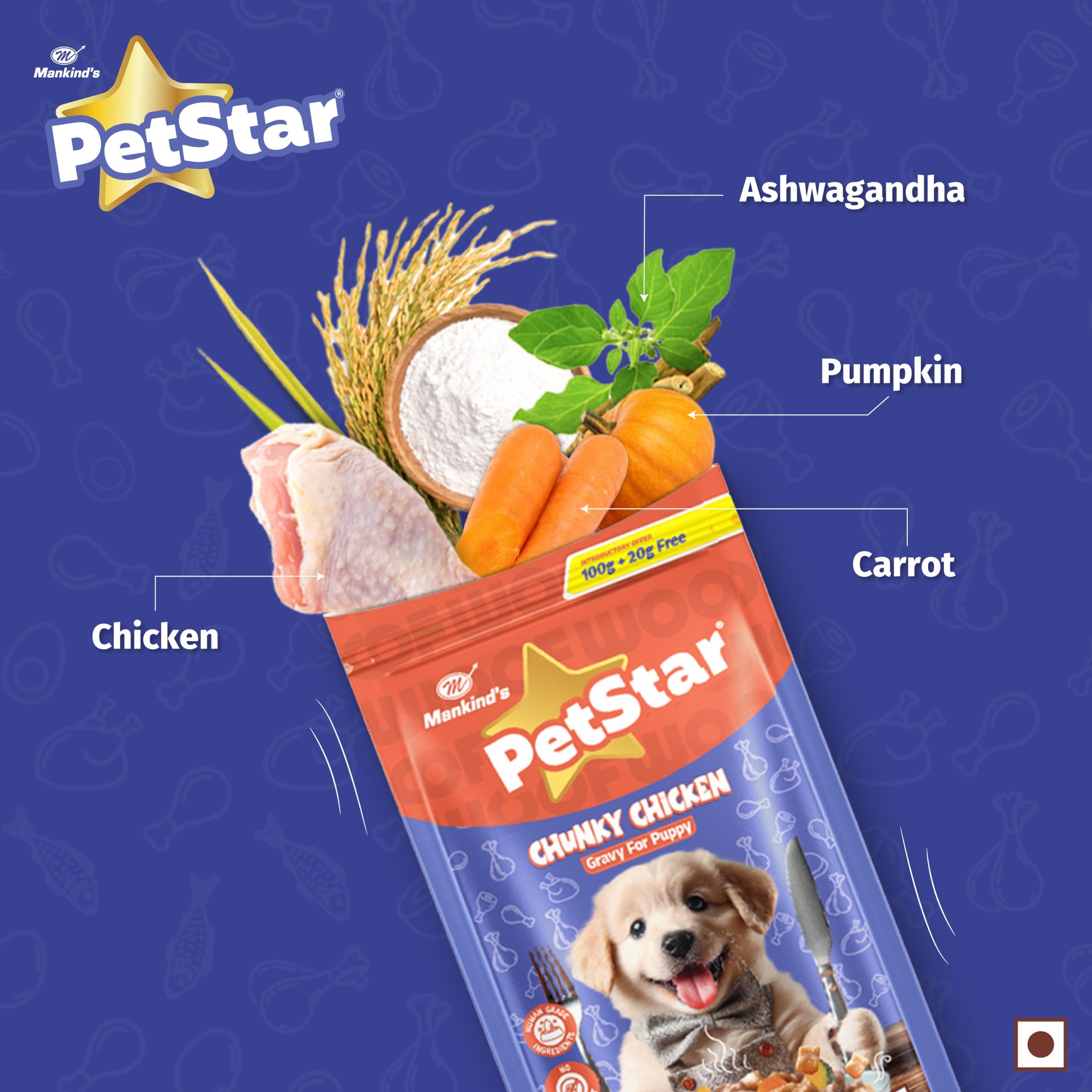 Mankind Petstar Puppy Wet Dog Food (High Protein) Chunky Chicken Gravy, 120g (Pack of 5) | Made with Real Chicken & Veggies |Puppy Dog Food| No Artificial Flavors 1