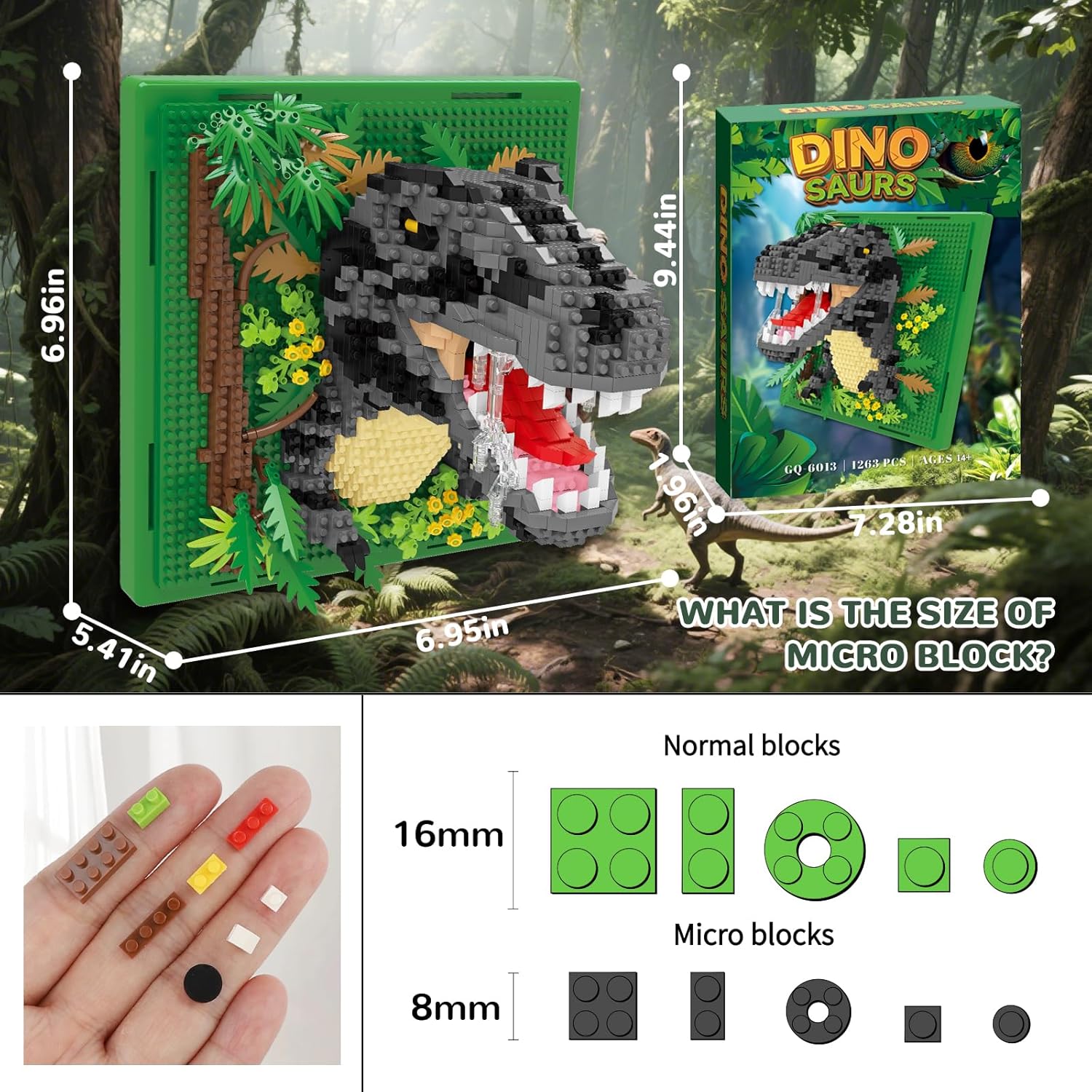 Dinosaur Animal 3D Wall Art Micro Mini Building Blocks Set, Unique Home Wall Decor or Table Display, Ideal Gift Toy for Adults & Teens 14+ (1263 PCS)